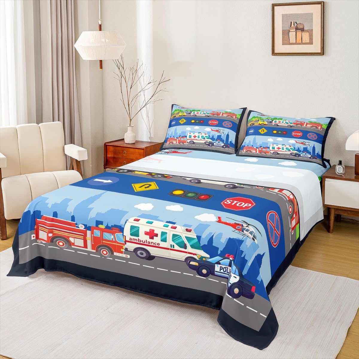 Parure de lit 4 pièces véhicules de sauvetage pour chambre enfant