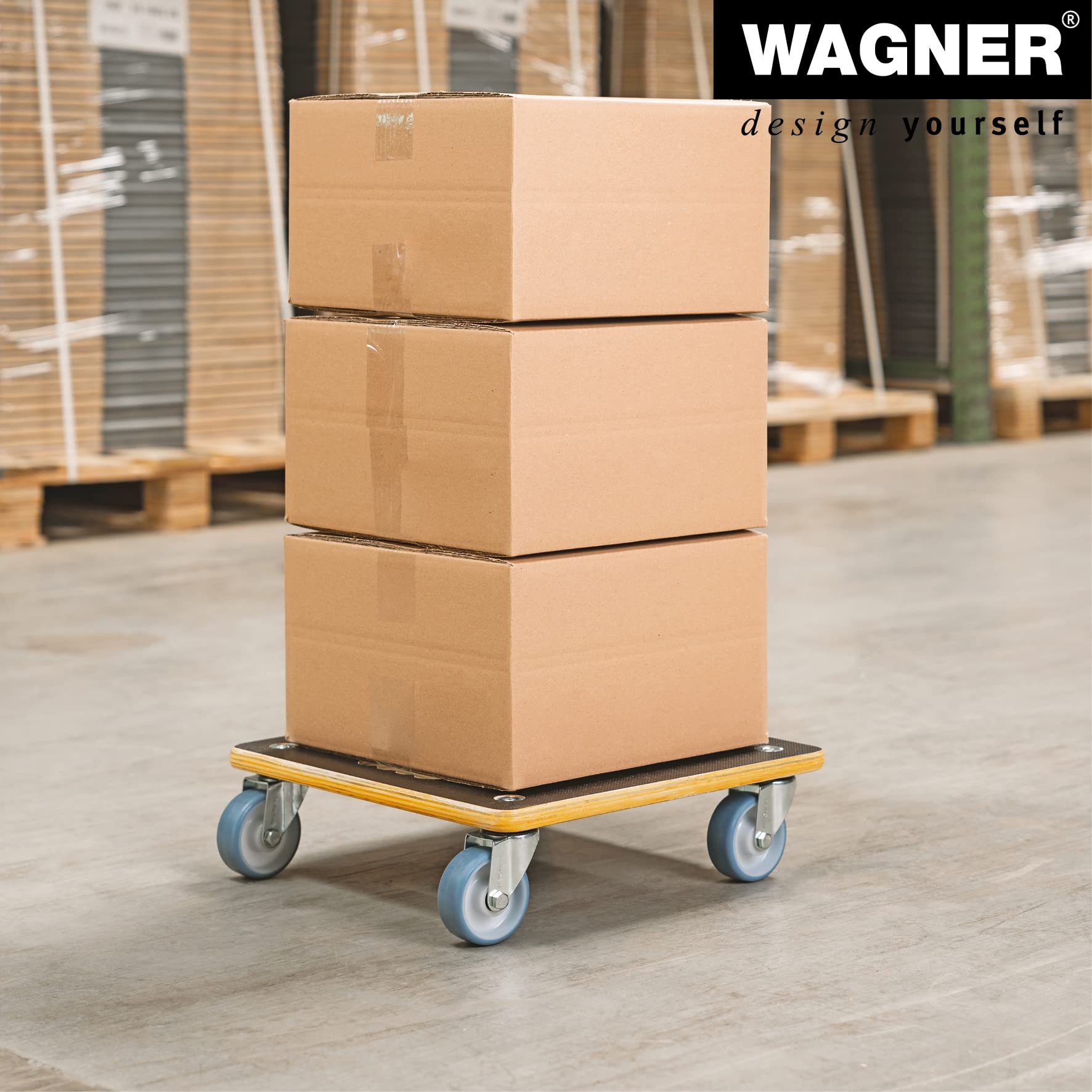 WAGNER Transportroller Transporthilfe 1340 I Schichtholz mit Grip I 38 x 38 x 11 cm, Tragkraft 300 kg I Möbelroller für Umzug I Rollbrett Softrollen I Schwerlastrollbrett Tragegriff I FSC®I Made in DE