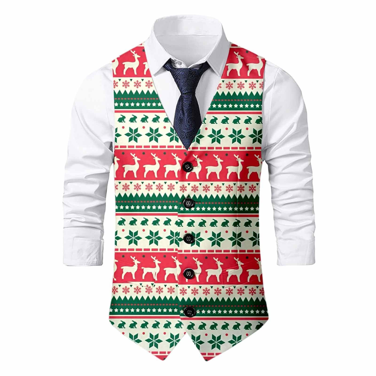 Christmas Waistcoat Mens Christmas Suit Vest un Waistcoat Fun Xmas Festive Happy Xmas Waistcoats V Neck Sleeveless Slim Fit Party Costumes Party Dress Up Vest Suit
