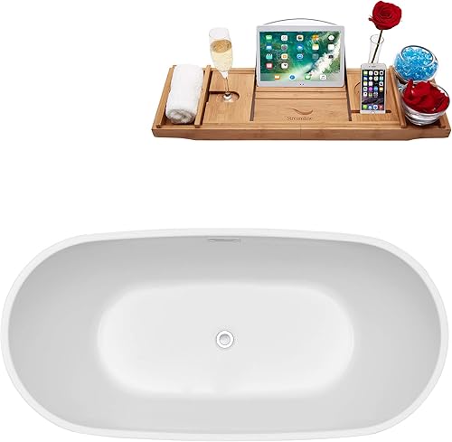 Miniatura 4 de Streamline  Bañera acrílica de remojo independiente de 71 pulgadas N-562-71FSWH-FM, color blanco, viene con drenaje interno y desbordamiento cromado