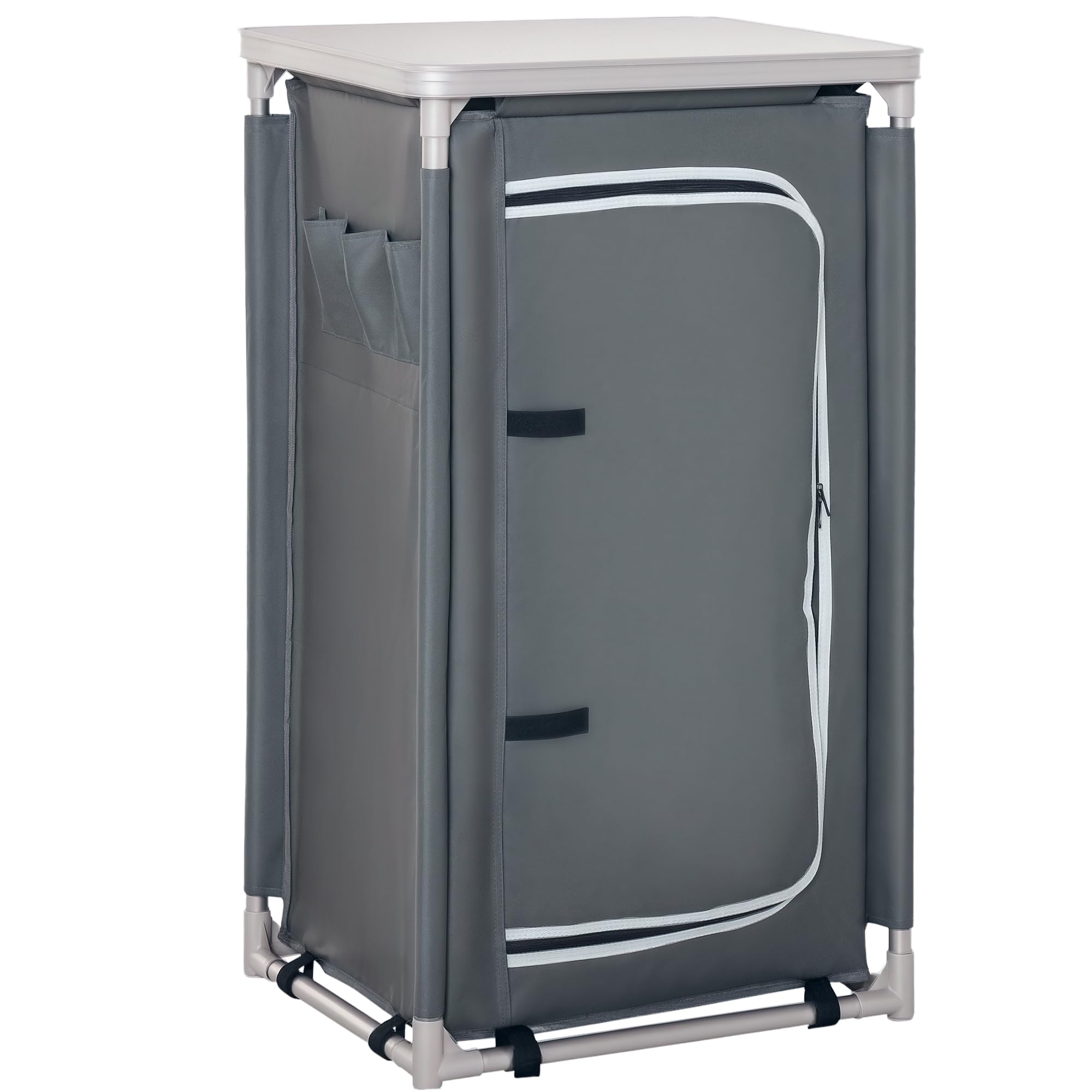 Outsunny Cuisine de Camping, Meuble de Camping avec étagères, Sac de Transport Inclus, Structure en Aluminium, pour Accessoires Cuisine, Aliments, 60 x 50 x 104,5 cm, Gris