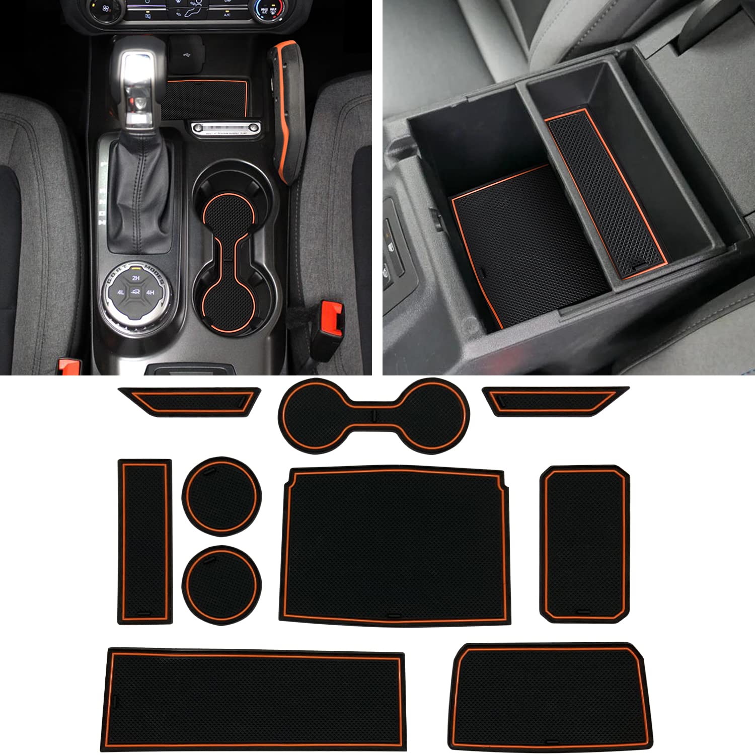 Photo 1 of LOCOY Center Console Liner Fit for Ford Bronco Automatic Transmission Accessories 2021-2023 Cup Holder Insert, Door Pocket Mat, Custom Interior Non-Slip Pad, Rubber Coaster (10Pcs, Orange, 2Doors)