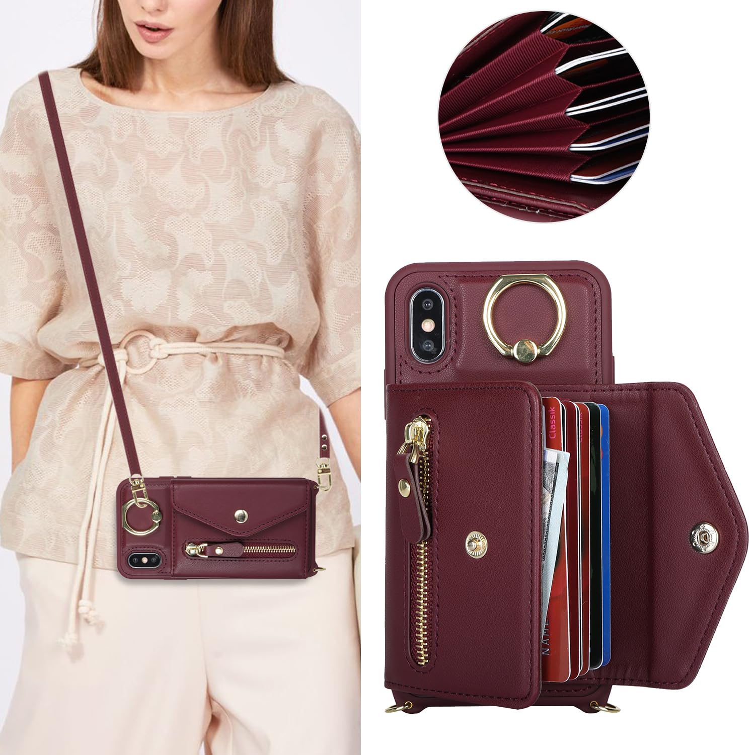 SailorTech iPhone XS Max Case with Zipper Credit Card Holder for Women iPhone XS Max Phone Leather Case Ring Stand with Card Slots Kickstand Wallet Crossbody for iPhone XS Max-Burgundy - Image 2