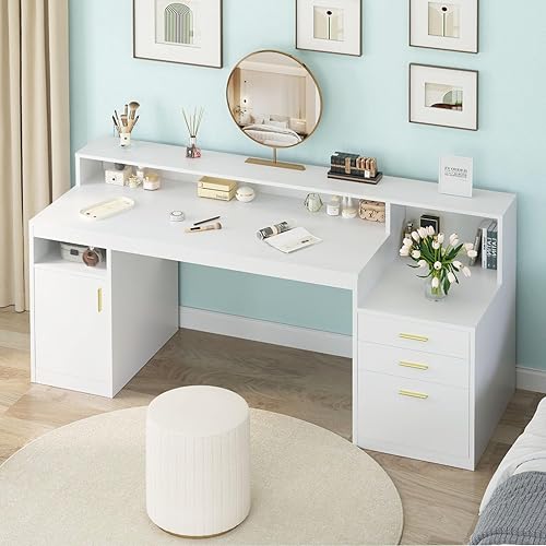 Miniatura 7 de Escritorio para computadora con 3 cajones y estantes de almacenamiento, escritorio de oficina en casa con cajón de archivos y gabinete, mesa de