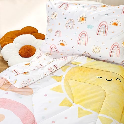 Miniatura 5 de CARUILI Juego de ropa de cama infantil de 4 piezas para niñas, juego de edredón bohemio de arco iris, ultra suave y transpirable, incluye edredón