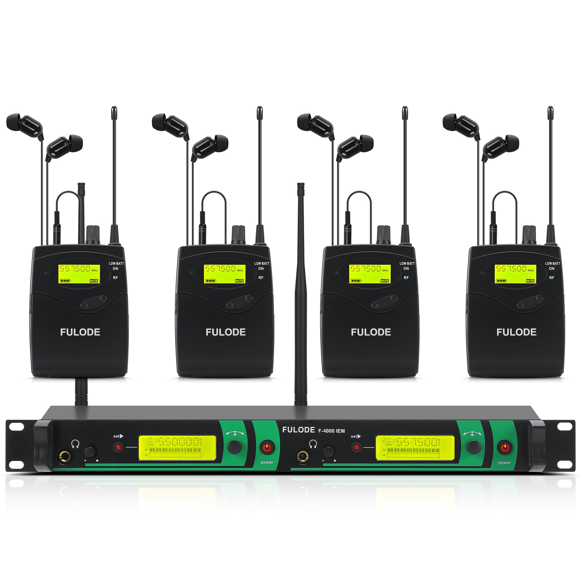 F-4000 IEM 2 Channel UHF Wireless in Ear Monitor System，2 Channel 4 Bodypack Monitoring with in Earphone Wireless Type，2x40 Adjustable Frequencies, 330ft Range, Used for Stage, Studio and Church