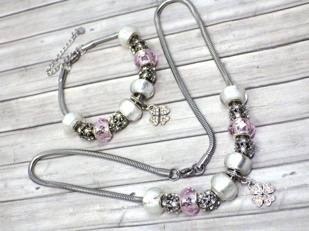 Parure charms mujer de acero inoxidable con collar pulsera y colgante trébol con cristales