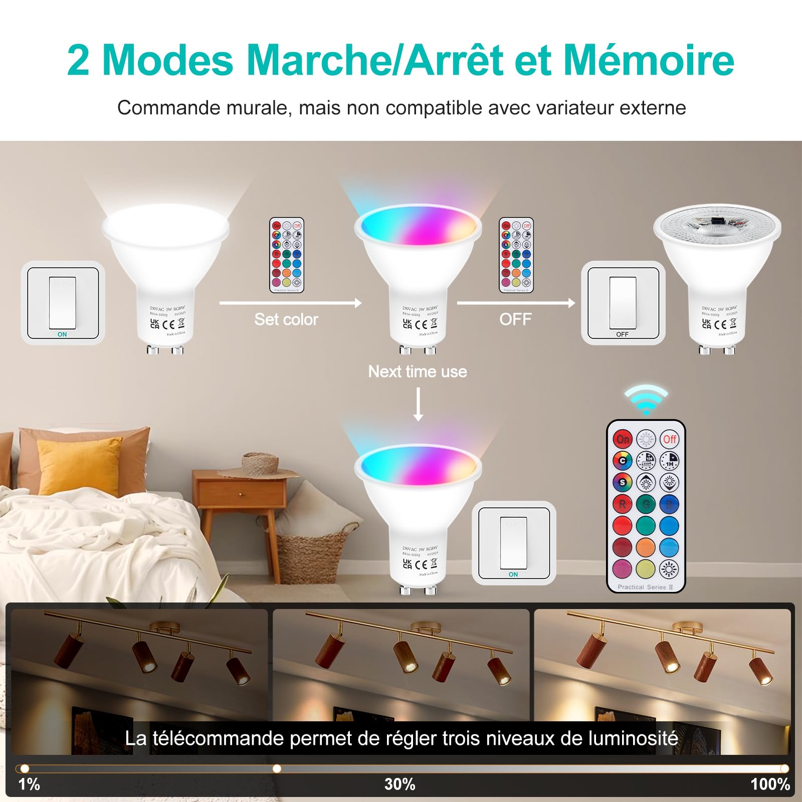 REYLAX Ampoule GU10 LED 5W Equivalence 50W 450lm RGB Spot Changementde Couleur Ampoules Blanc Chaud LED GU10 Dimmable avec Télécommande pour Luminaire Sur Rail Applique Murale paquet de 8