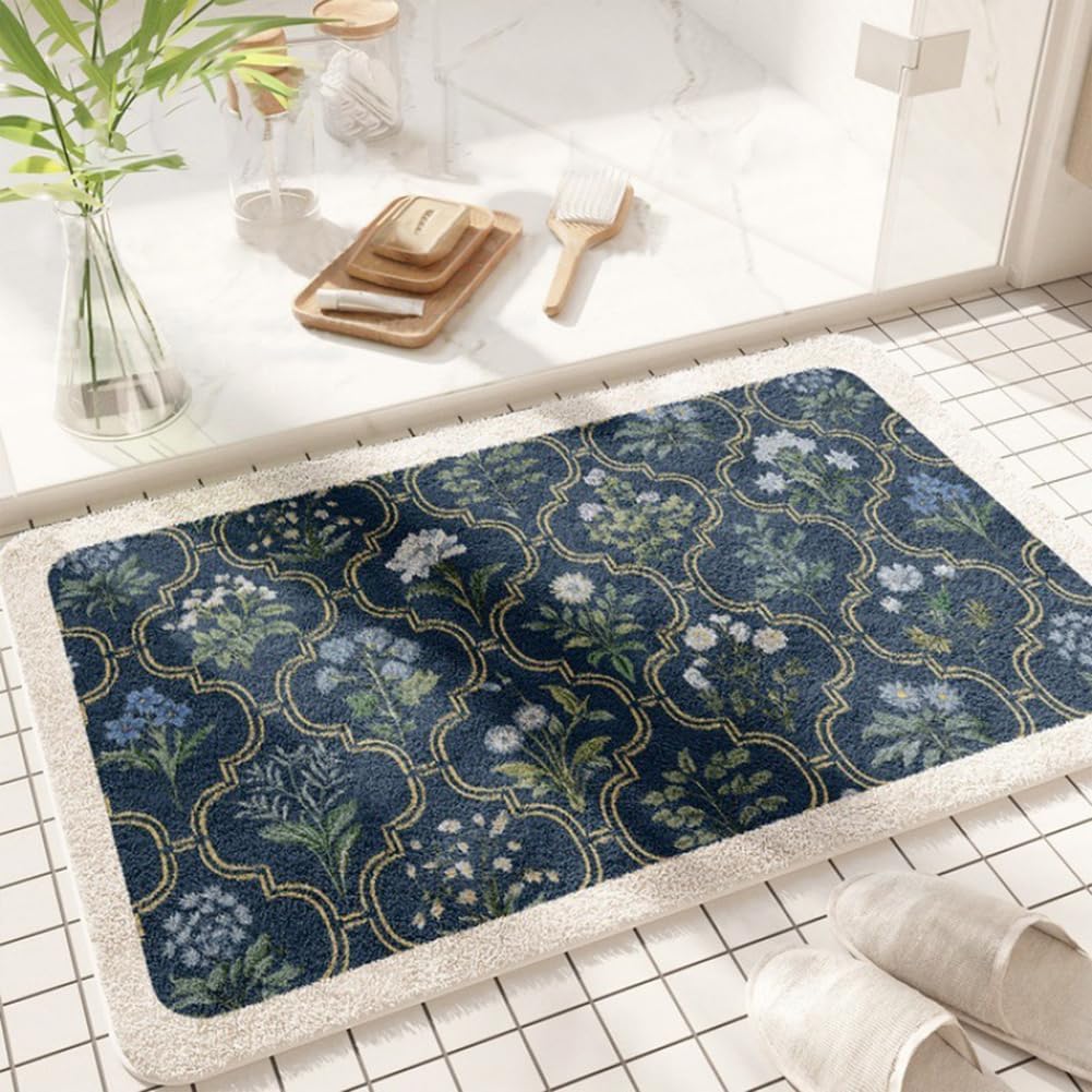 gdmgdr Spring Floral Bathroom Rug 32" x 20" Wild Flowers Bathroom Mat Boho Floral Bath Rug (Rectangular, Blue)