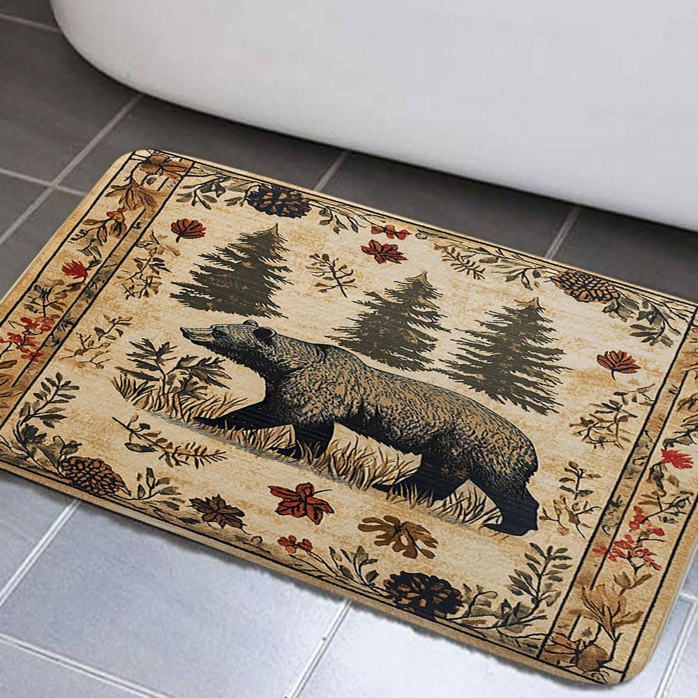 Cabin Bathroom Rugs, Farmhouse Country Antique Deer Moose Forest Vintage Wood Decor Non Slip Bath Mats,Hunting Camping Bath Rug Sets for Bathroom