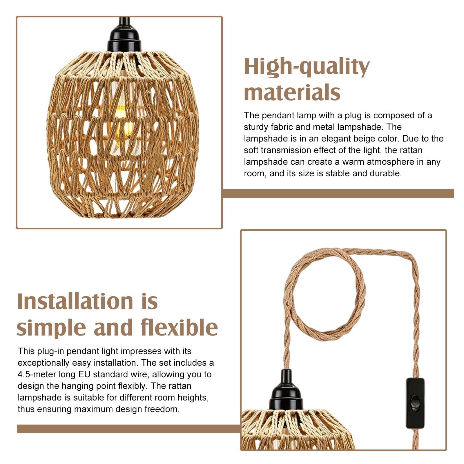 2 Stück E27 Vintage Hängelampe mit Stecker, Retro Pendelleuchte mit 4,5M Kabel und Hanfseil Lampenschirm, Fassung Lampenkabel mit Schalter für Schlafzimmer Foyer Balkon, Ohne Birne