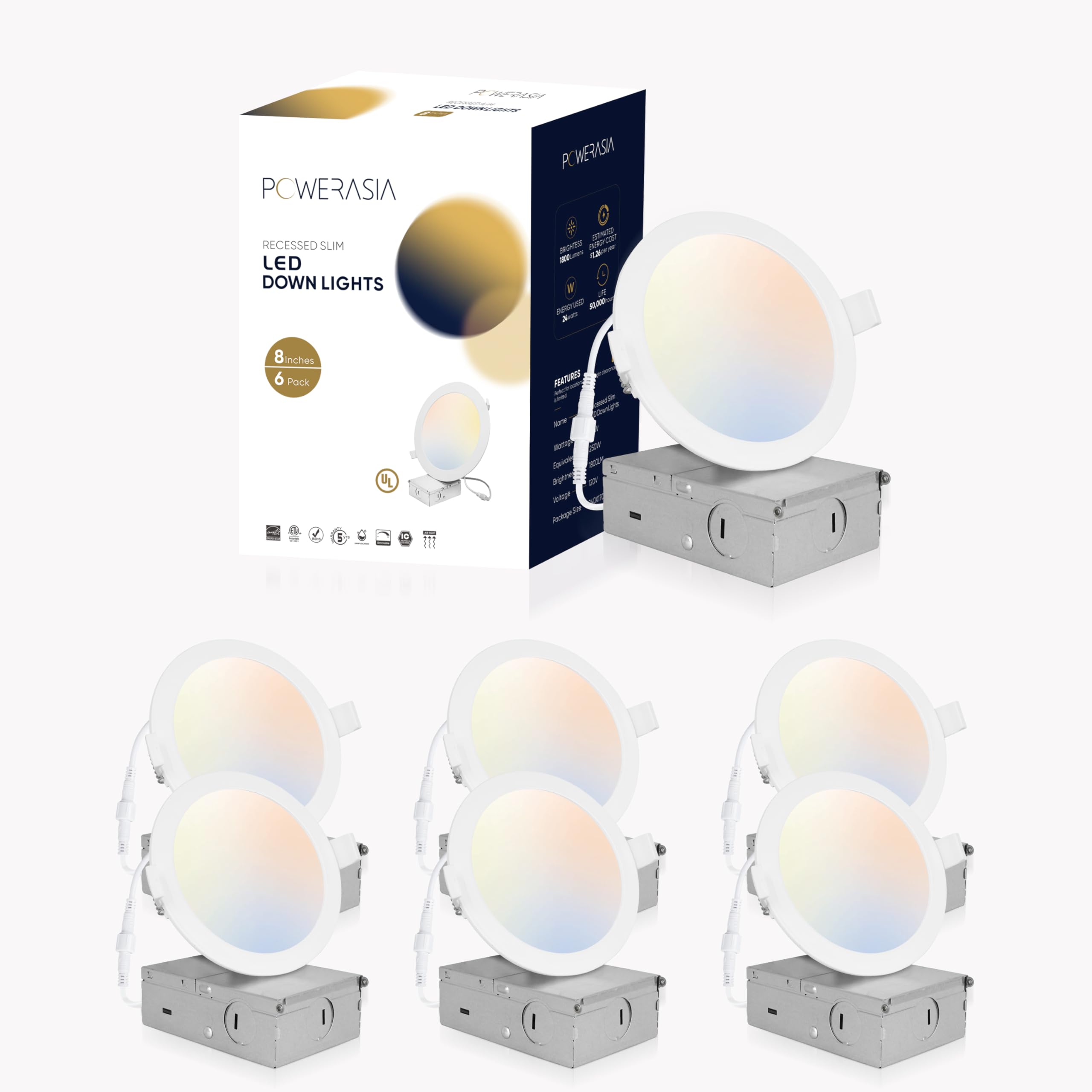 POWERASIA 6 Pack 8 Inch UL Certified LED Recessed Lighting with Junction Box, 5CCT 2700K-6000K Selectable Ceiling Light, 24W 1800lm Ultra-Thin Recessed Downlight-Energy Star Certified