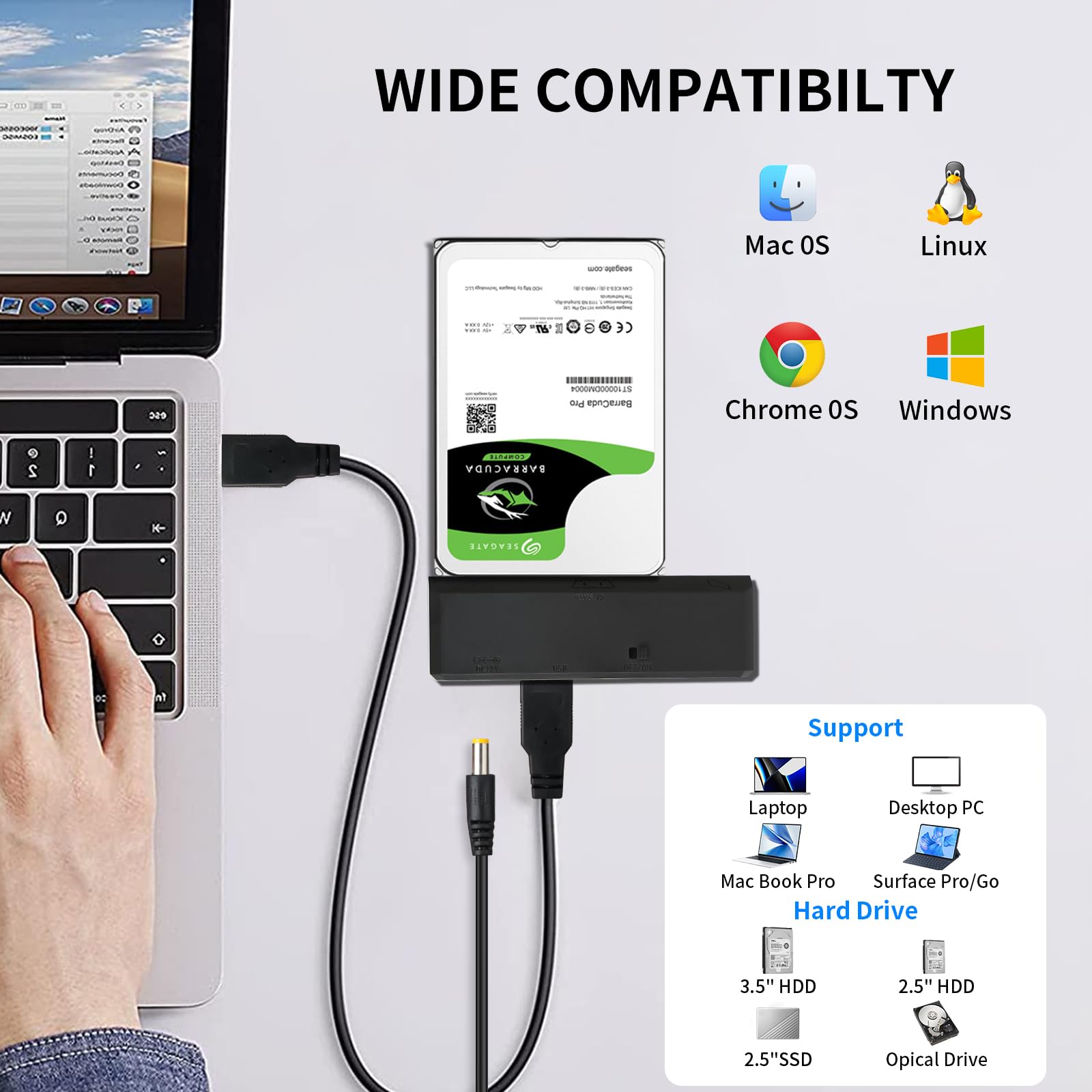 Adapter SATA na USB do dysku twardego HDD/SSD 2,5 cala, napęd optyczny, z adapterem 12 V, adapter SATA na USB 2 w 1