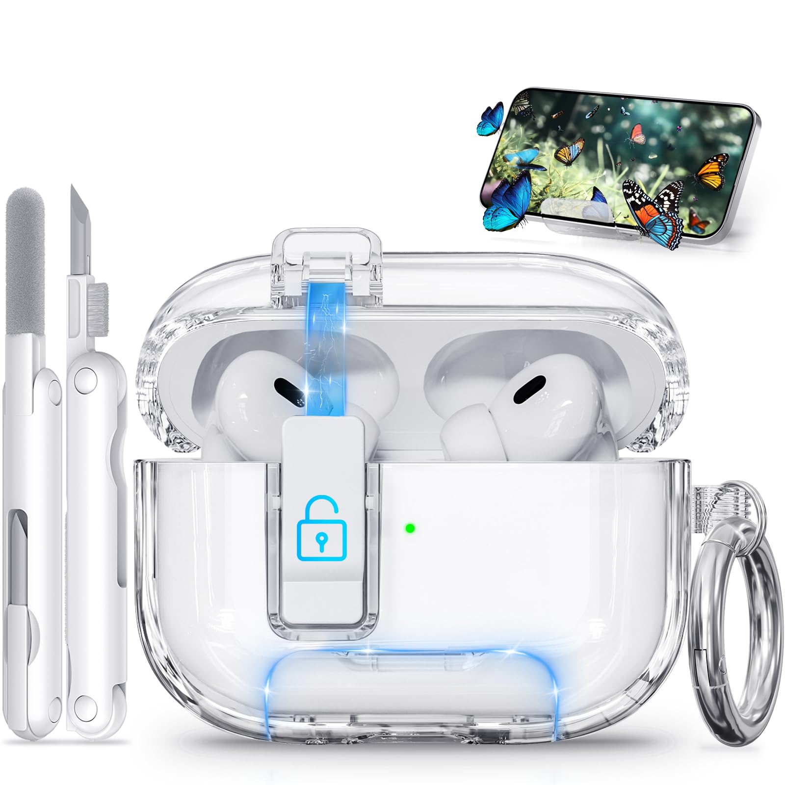 Ekoonpft for AirPods Pro 2 Case with Phone Stand & Secure Lock, Auto-Open Clear Cover Compatible with Apple AirPods Pro 2nd/1st Gen (2023,2022,2019)