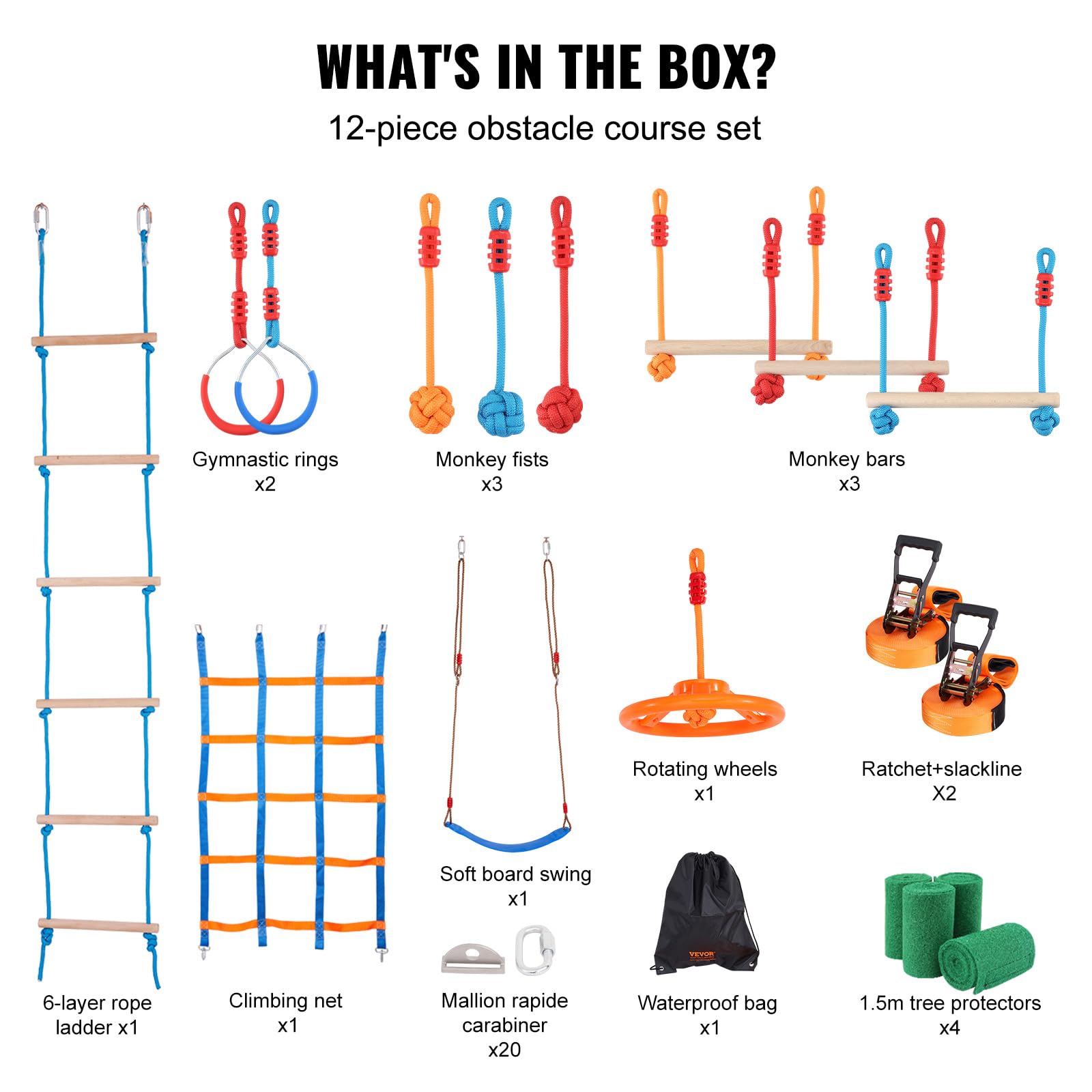 VEVOR Ninja Slackline Hindernisse Set 2 x 17 m Slacklines, 226,8 kg Tragkraft Ninja Hinderniskurs, Outdoor-Spielset-Ausrüstung, Hinterhofspielzeug-Trainingsausrüstungsset mit 12 Hindernissen