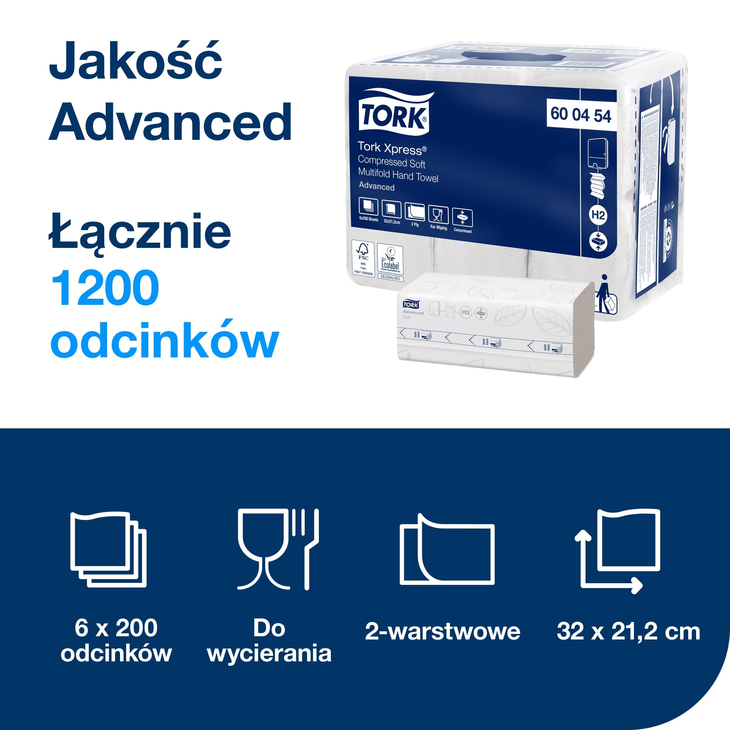 Tork Xpress Miękkie, Składane Ręczniki do Rąk, Białe, H2, Zaawansowane, 2-Warstwowe, Składane w M, Duże, 6 x 200 Arkuszy, 600454