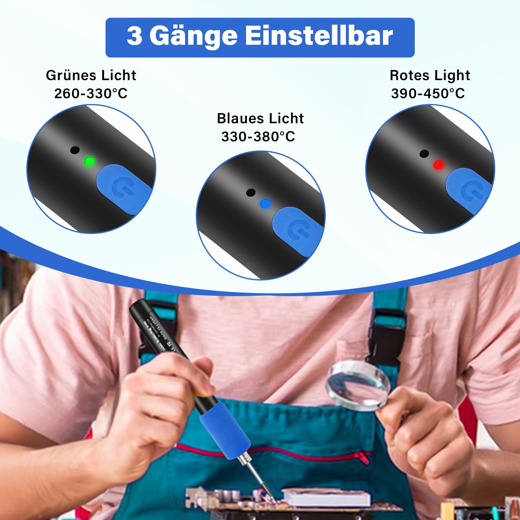 Fer à Souder Sans Fil Température Réglable - Kit Complet Avec Support Et Pointes (bleu)