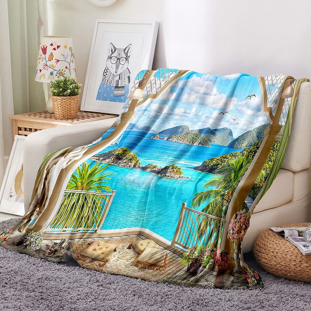 Mantas para Cama De Franela Invierno para Infantil Y Adulto 150X200Cm Manta Polar De Felpa De Microfibra Suave para Sofá, 3D Vista Al Lago Azul Patrón, Cálida Y Transpirable