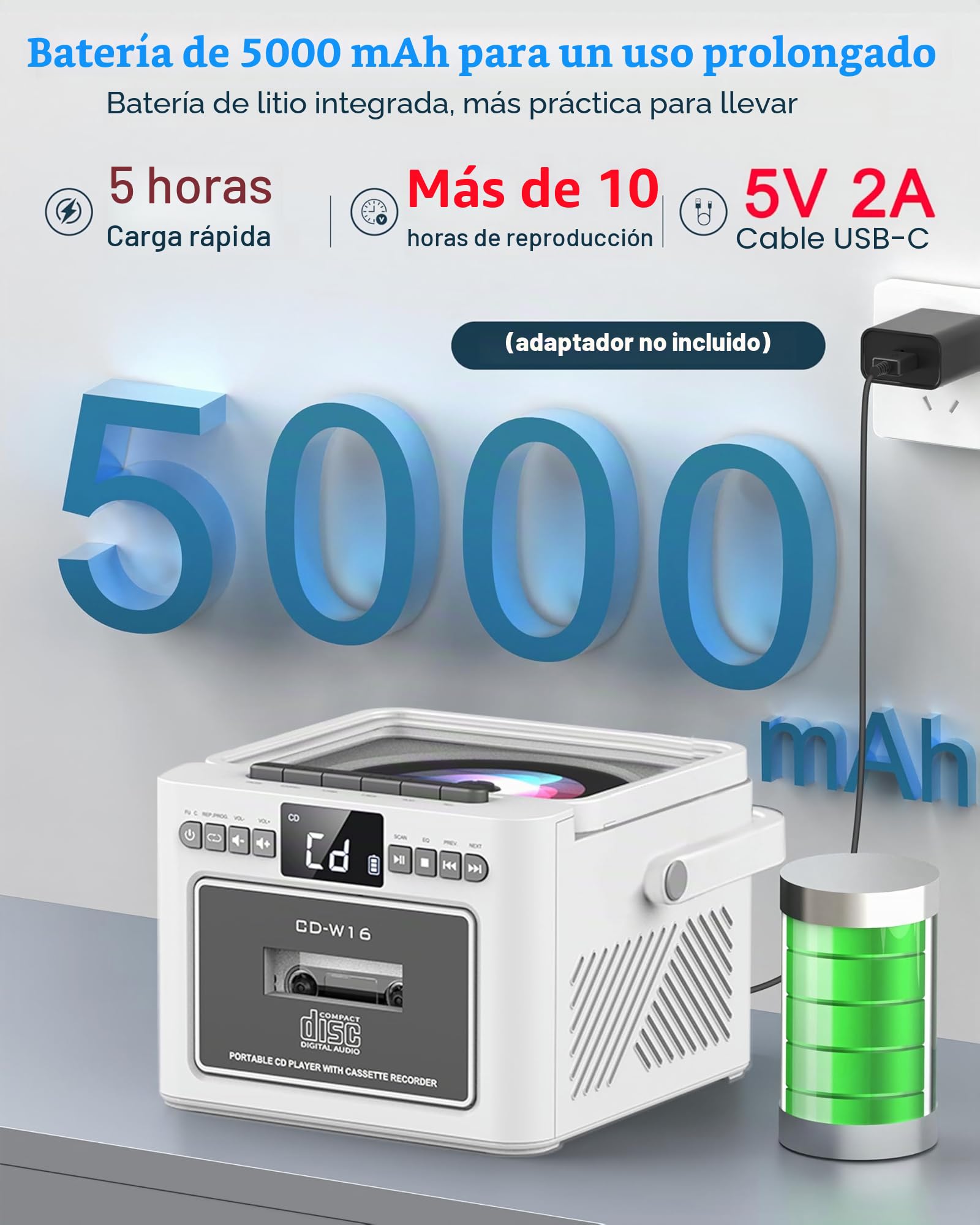 Greadio Boombox - Reproductor de CD portátil, reproductor de casete con radio FM, Bluetooth 5.1, batería recargable de 5000 mAh, control remoto, entrada de tarjeta AUX/USB/SD, altavoz de 5 W, pantalla