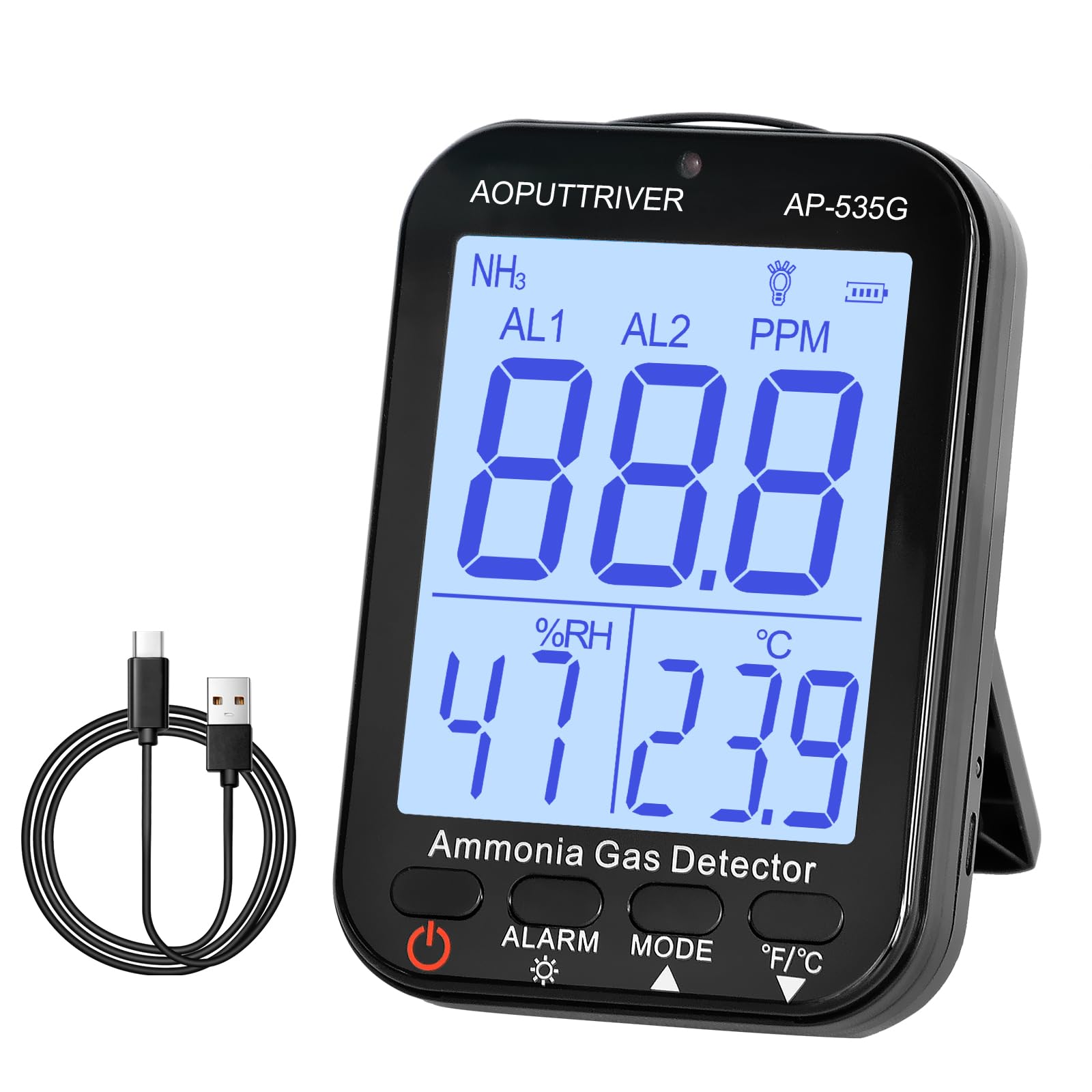 Detector de Gas Amoníaco 535G, Monitor de Gas NH3 Rango del Sensor 0-100ppm Medidor de Amoníaco Recargable con Alarma, Temperatura(℉/℃), Humedad, Pantalla LCD Retroiluminada
