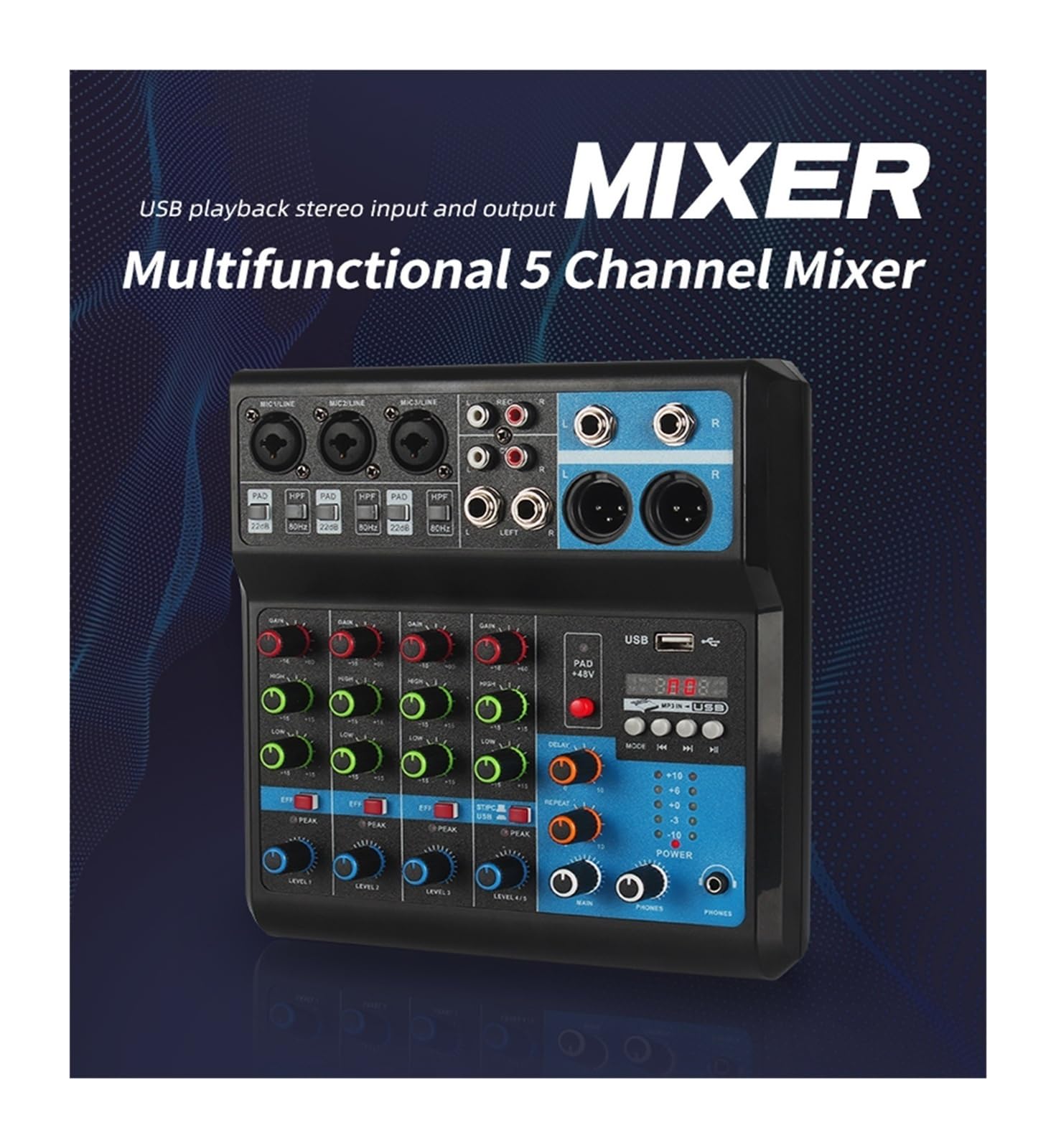 Mixer audio, Mixer DJ portatile professionale a 5 canali con alimentazione Phantom 48 V integrata, console di missaggio audio USB for trasmissione in diretta sul palco