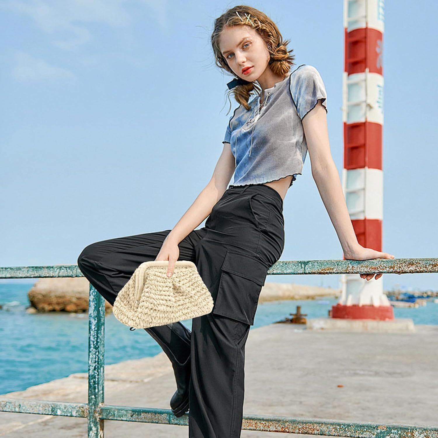 Straw Clutch Purses - Straw Crossbody Bags for Women Woven Purse Beach Handbags Cloud Dumpling Pouch - Image 2