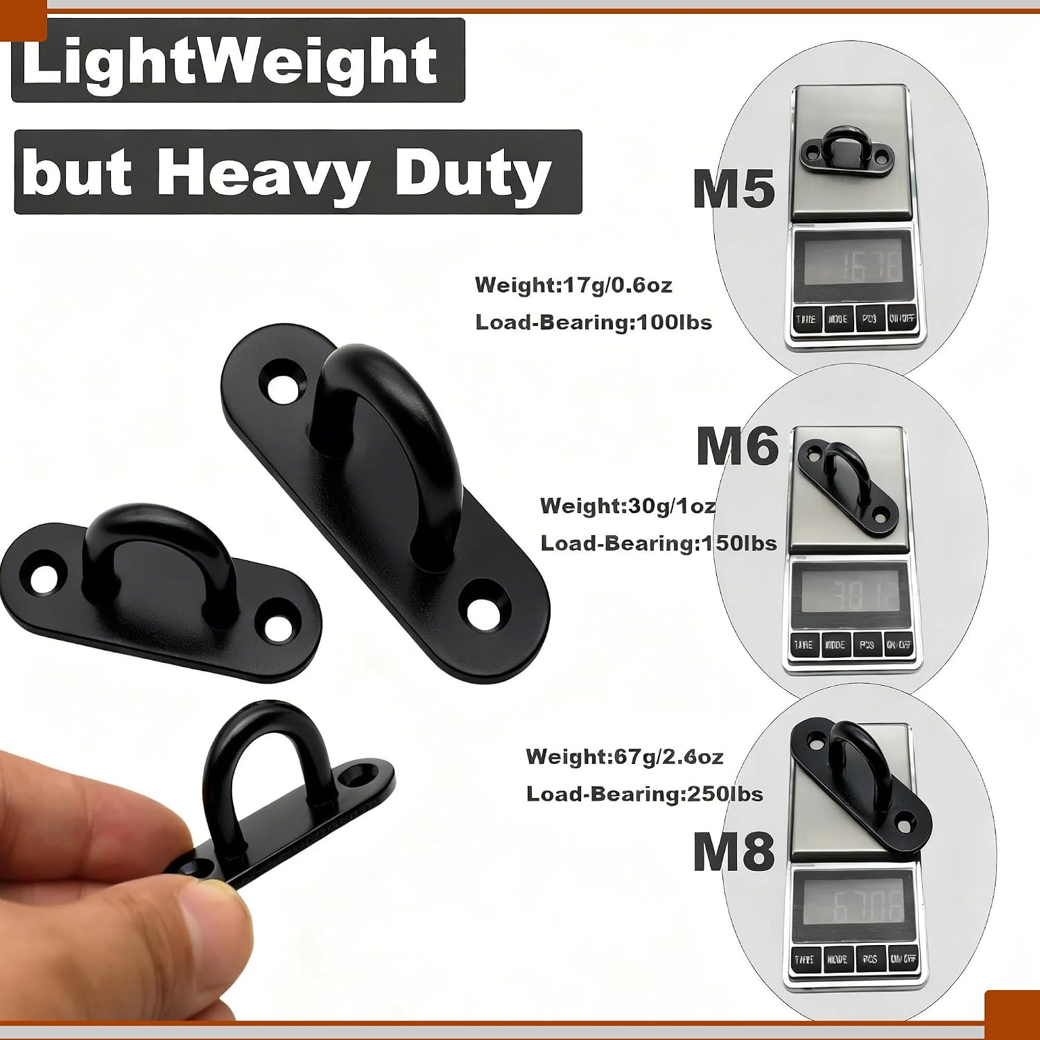 Stainless 2.4 inch M6 Eye Plate U Hooks Strip Shape Hardware Mounting Anchor Point for Hanging,Black 6 Pcs with Screws