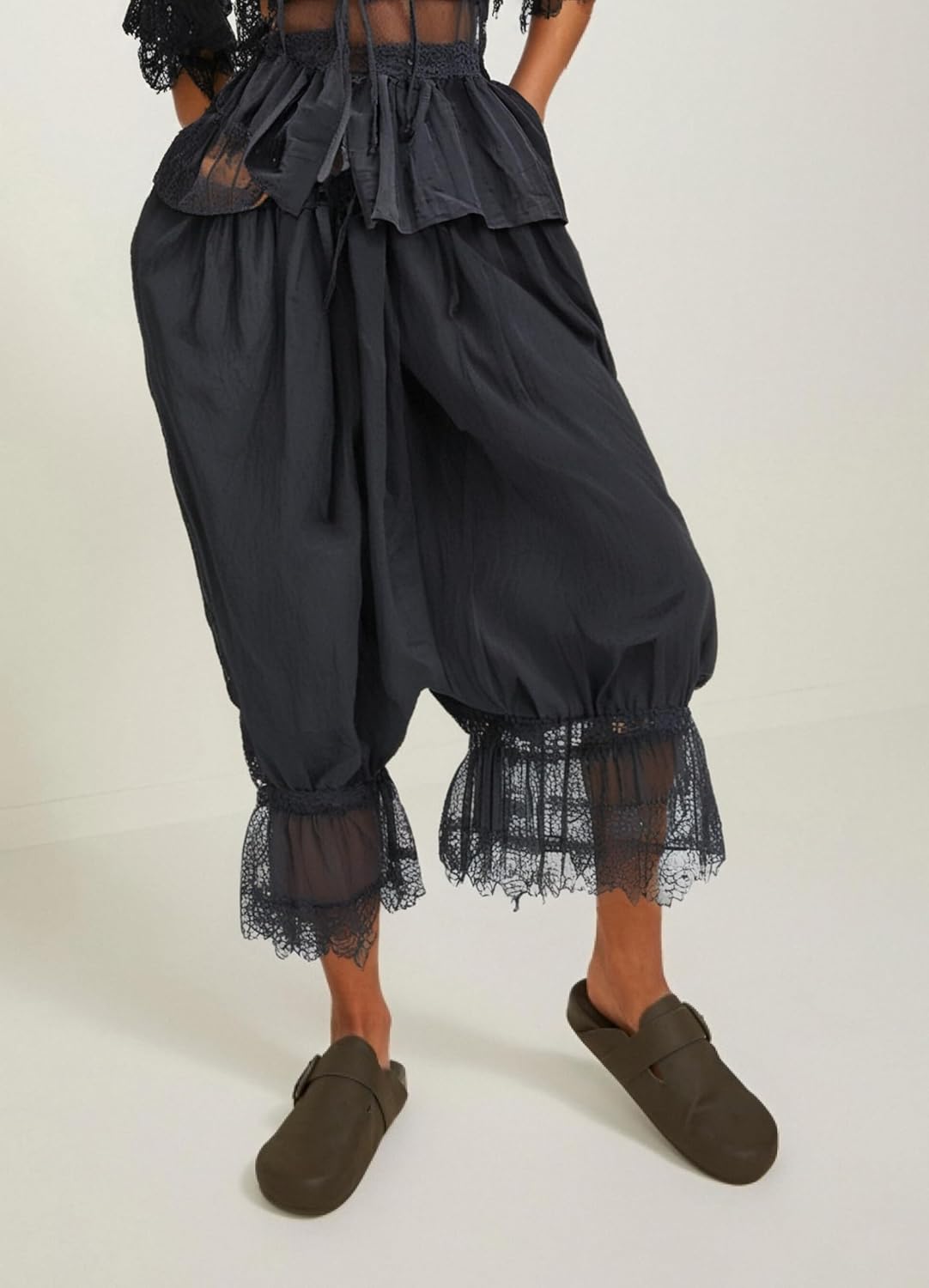 Cropped Lace Pants for Women Ruffle Long Bloomers Flare Lace Trim Pantaloons Vintage Capri Bloomer Pants - Image 2