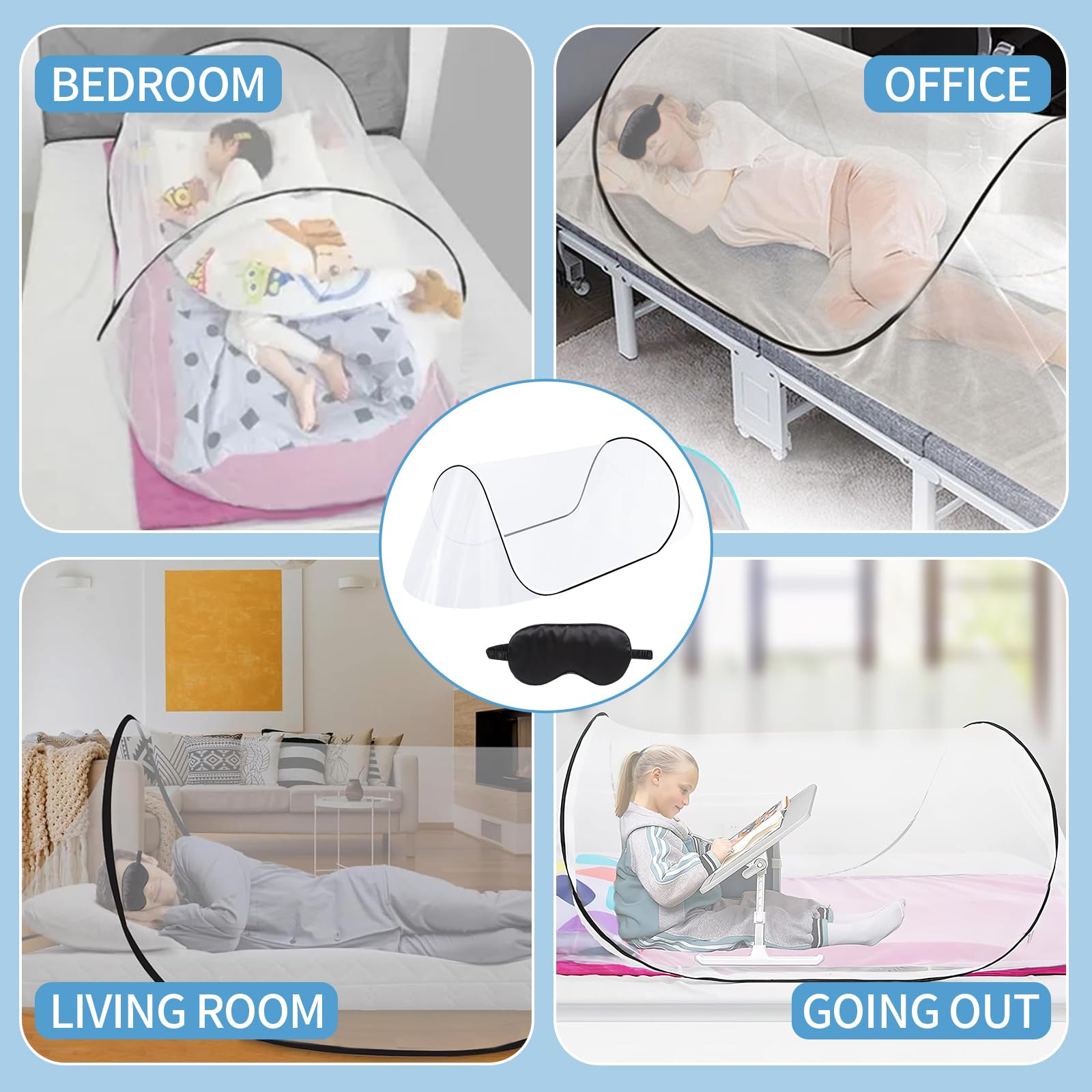 Moustiquaire Pliable, Moustiquaire Lit avec Masque Sommeil, Installation Facile et Rapide, Tente Moustique Portable pour Camping, Voyages, Aventures en Plein Air et l'Utilisation Domicile
