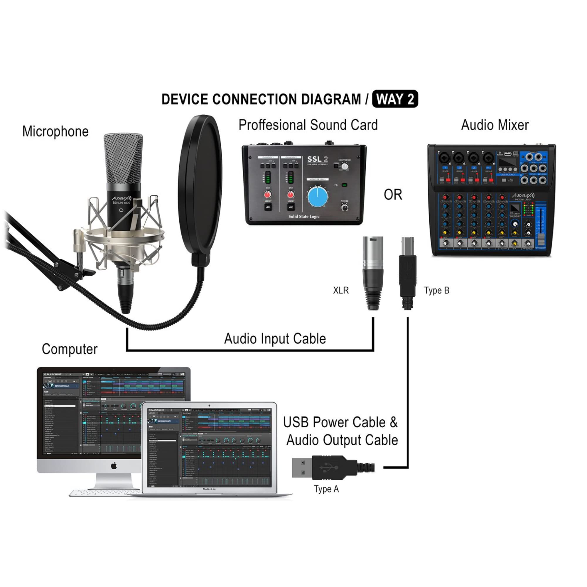 Audibax Berlin 1800 Silver Pro Studio mikrofon Condesandor, w zestawie uchwyt, anty-pop i kabel, zakres częstotliwości 20 Hz/20 kHz, mikrofon polarny, kardioid, srebrny