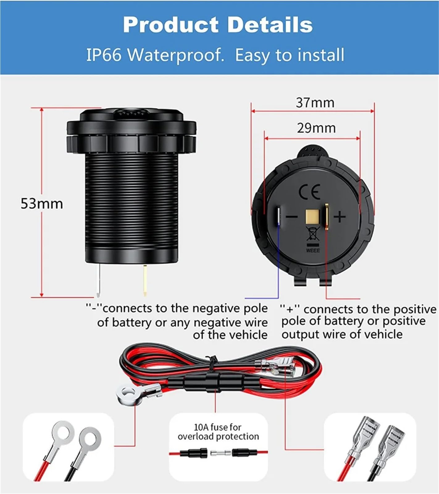 Presa accendisigari impermeabile da 12 V for auto, barca, moto, trattore, presa di corrente, accessori for(Blue with Wire)
