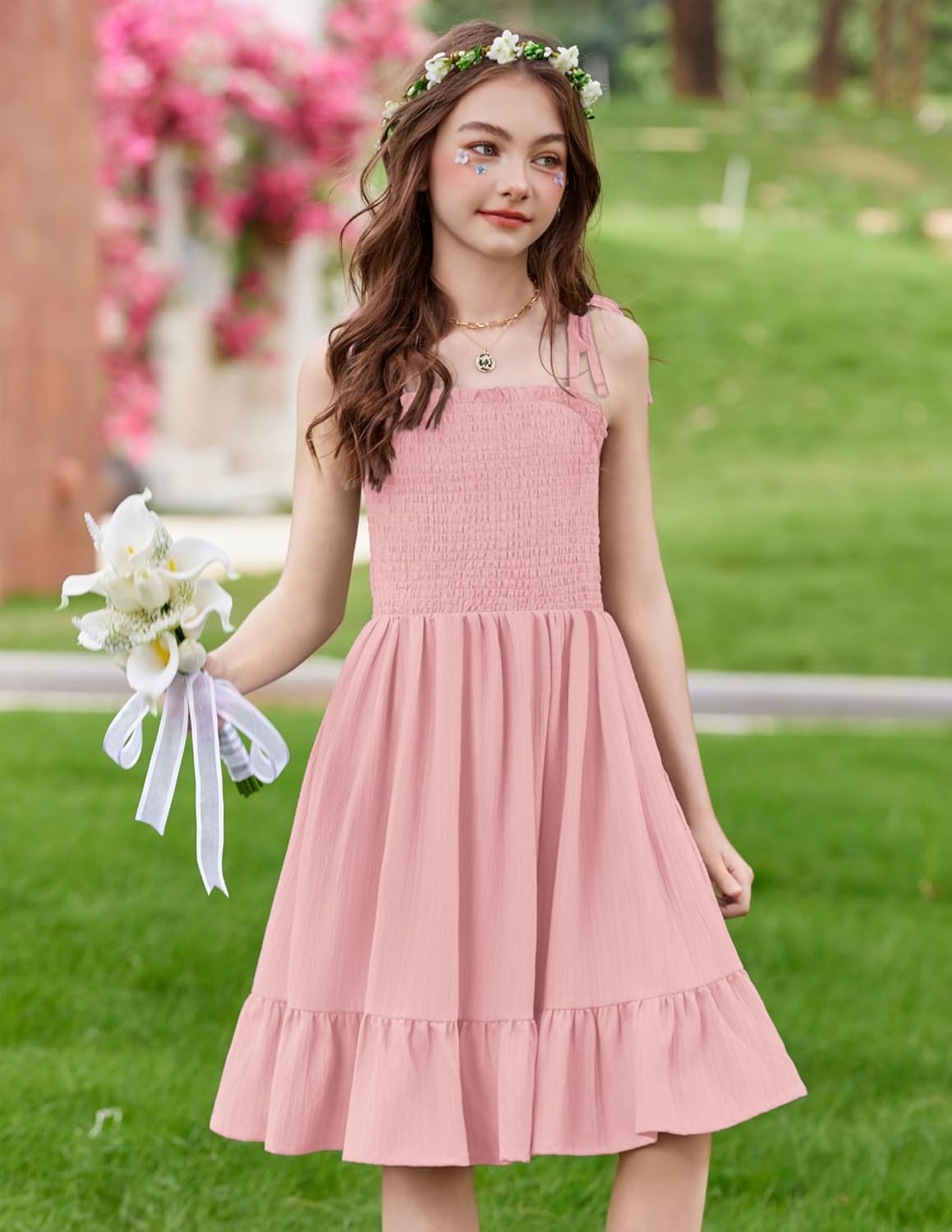 Arshiner Girls Summer Dress Tween Spaghetti Strap Smocked Casual Beach Sundress with Pockets 6-14Y - Image 4