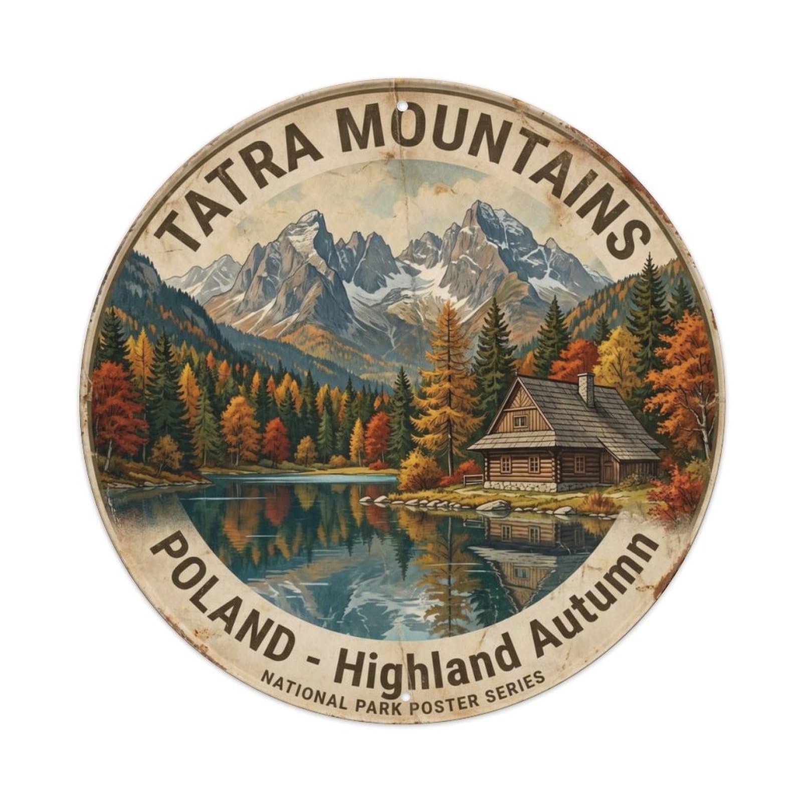 Vintage Travel Tatra Mountains Poland Autumn Metal Tin Sign Plaque Wall Decor for Cafe, Club Bar, Office, Home Garden Round Metal Poster 8x8Inch