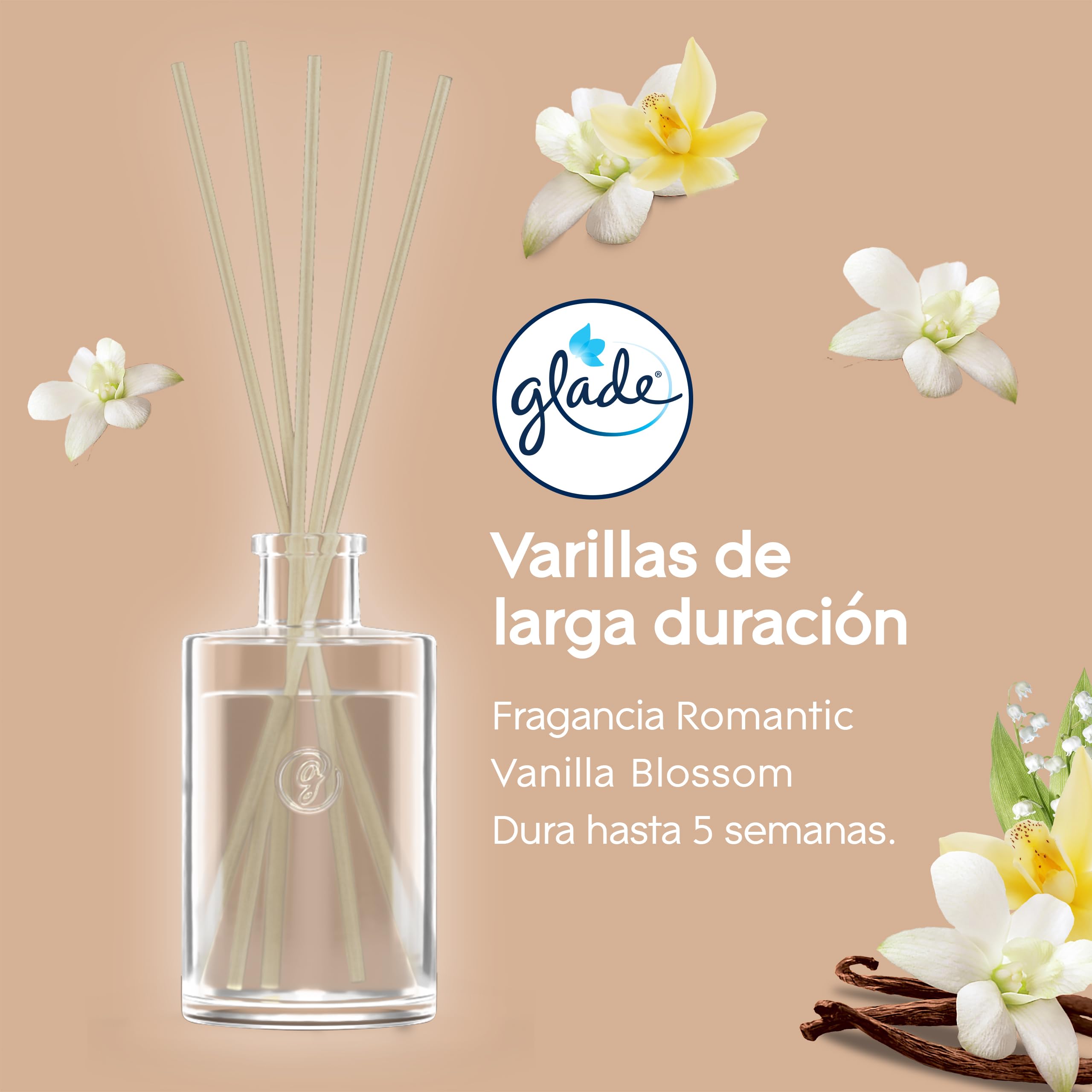 Glade Raumduft Stäbchen Vanilla Blossom, 3 x 50ml | Langanhaltender Duft für bis zu 5 Wochen, ideal für Räume aller Größen, mit ätherischen Ölen