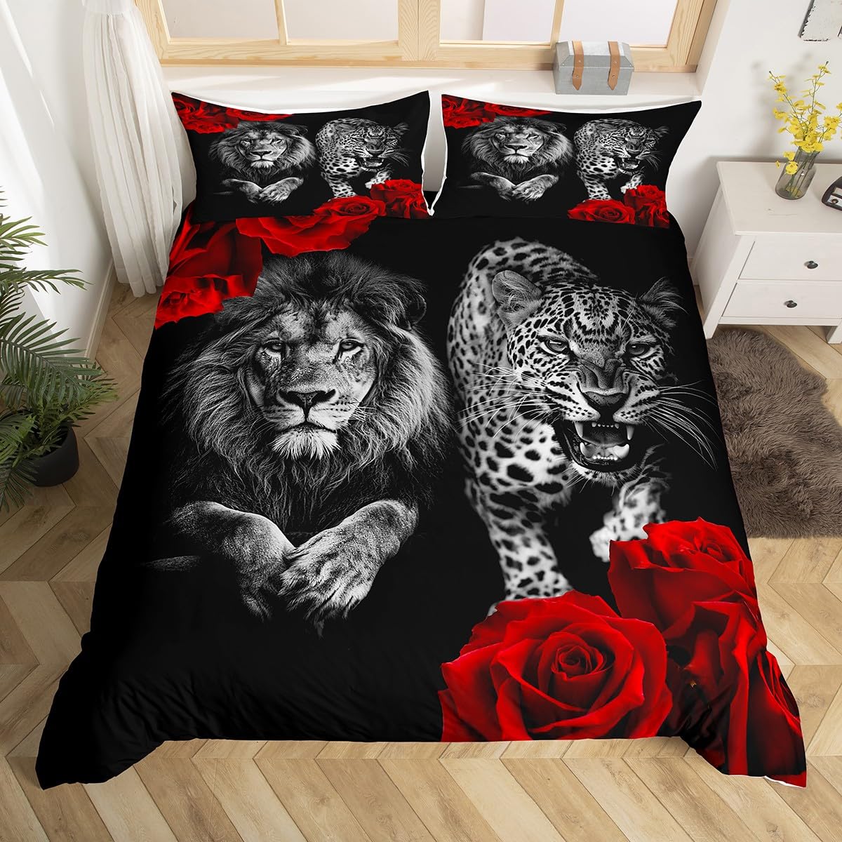 Lion Leopard Kids Duvet Cover Set Super King Size, African Wild Animal Theme Comforter Cover, Red Rose Flower Bedding Set for Boys Girls Bedroom Decor, Lightweight Bedspread Cover, 2 Pillowcases