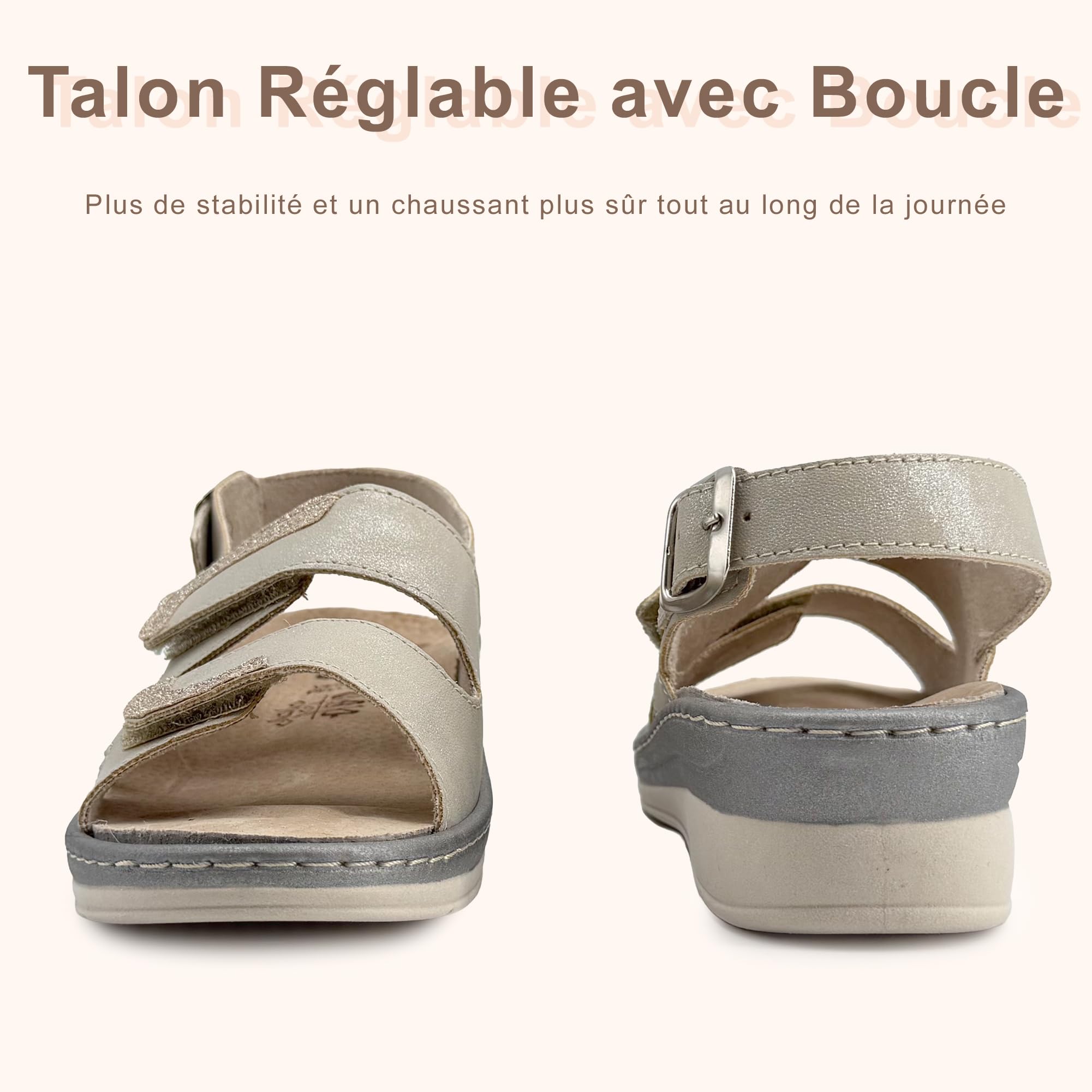 JOMIX Sandales Femme Confortables Orthopédiques à Scratch Compensées Réglables avec Boucle Semelle Amovible en Cuir Modèle Ergonomique Anatomique pour l’Été