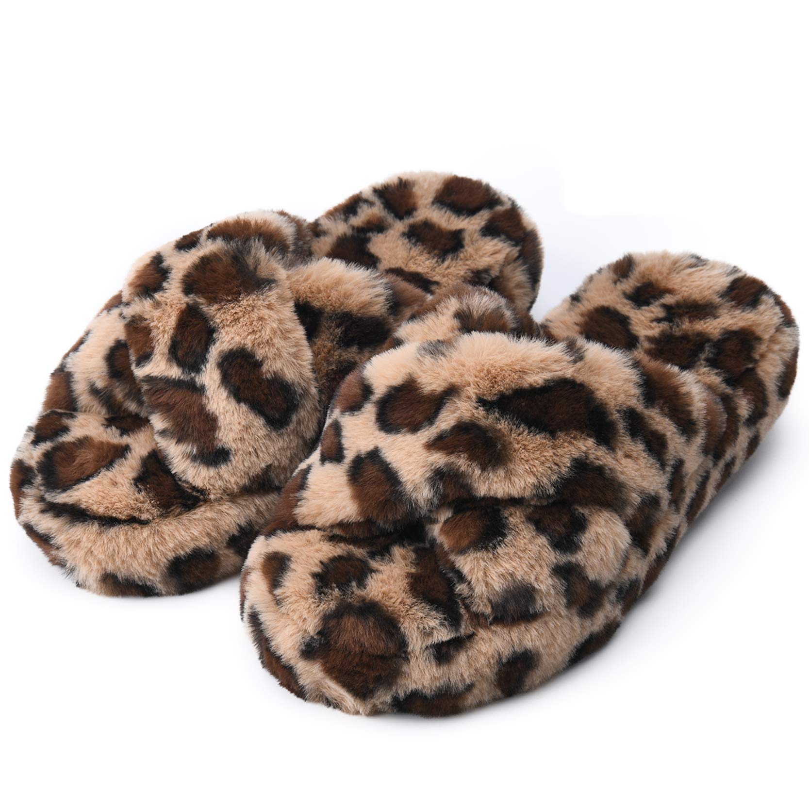 DL Fluffy Womens House Slippers Cross Band Open Toe, Soft Plush Fleece Bedroom Slippers Women Memory Foam, Comfy Fuzzy Slip On Non-Slip Womens