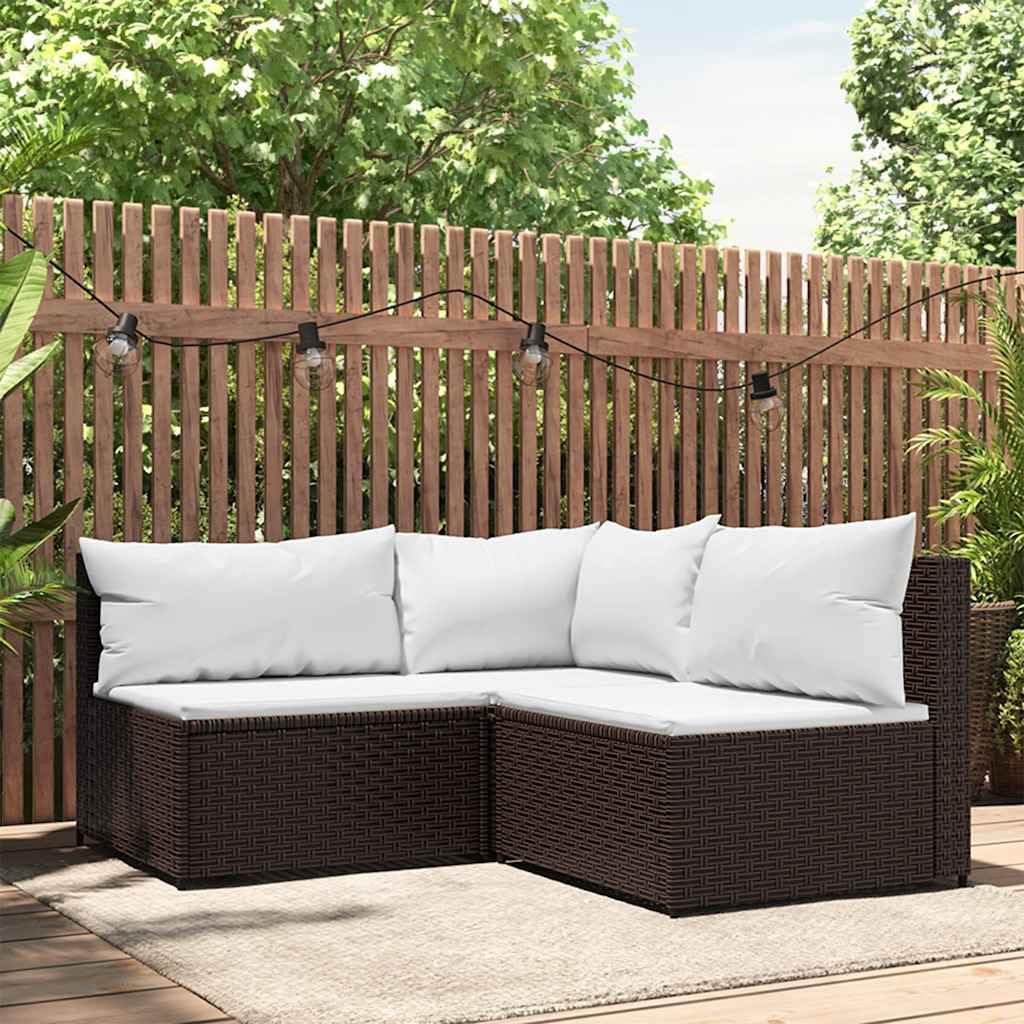 3 Piece Patio Lounge Set with Cushions Brown Poly Rattan, Weather-Resistant PE Rattan Furniture and Powder-Coated Steel Frame for Outdoor Relaxation and Dining