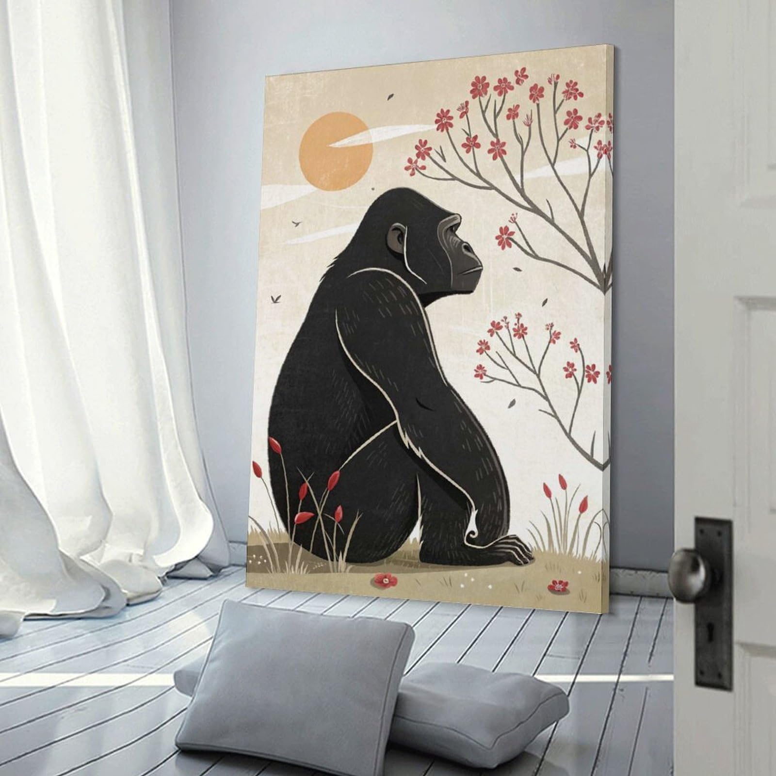 Junmoney Gorilla Sitting Under Cherry Blossoms Room Decor Wall Art, 24x36inch(60x90cm), for Feature Walls in Flats Or Modern Rooms, Wall Decor Suited to Curated Displays