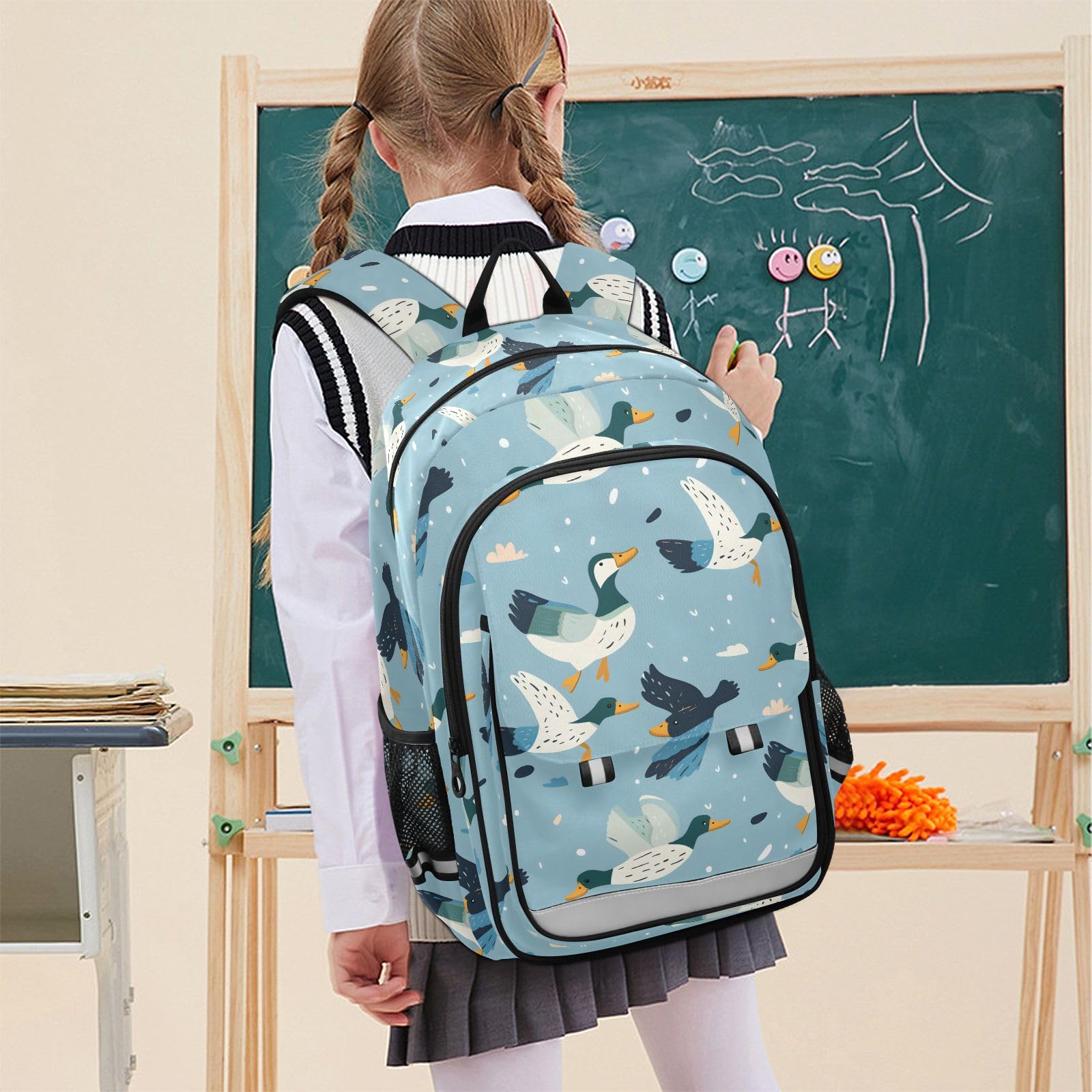 Zaino scolastico per bambini, zaino da viaggio, alla moda, per ragazze e ragazzi, con anatre che nuotano e volano, Anatre volanti e nuotanti, Taglia unica
