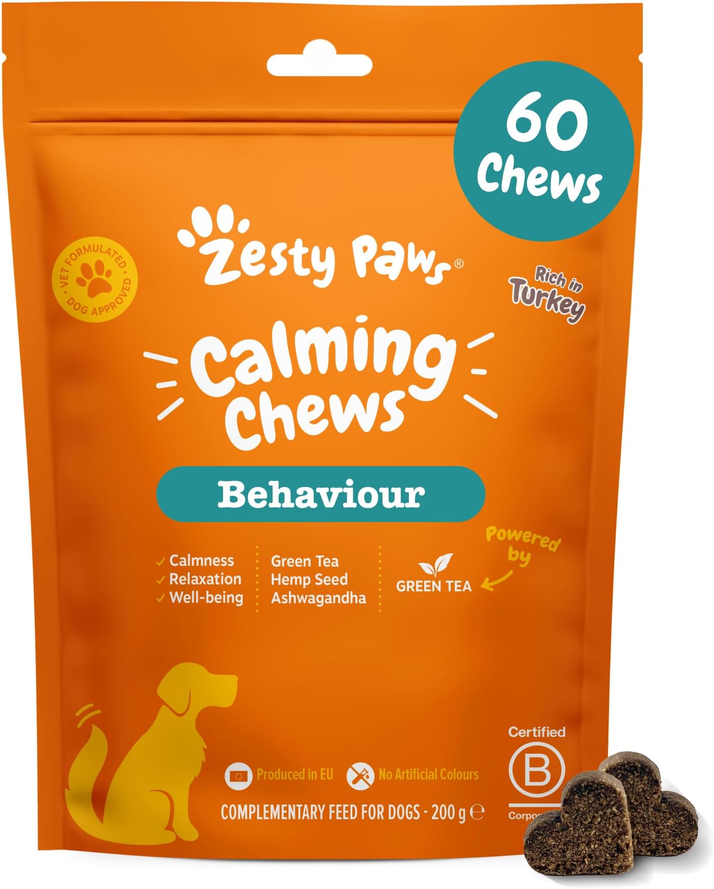 Calming Treats for Dogs | Helps with Separation Anxiety, Stress & Hyperactivity, Supports Wellbeing & Relaxation | Contains Green Tea, Ashwagandha, L-Tryptophan | Daily Use | 60 Chews