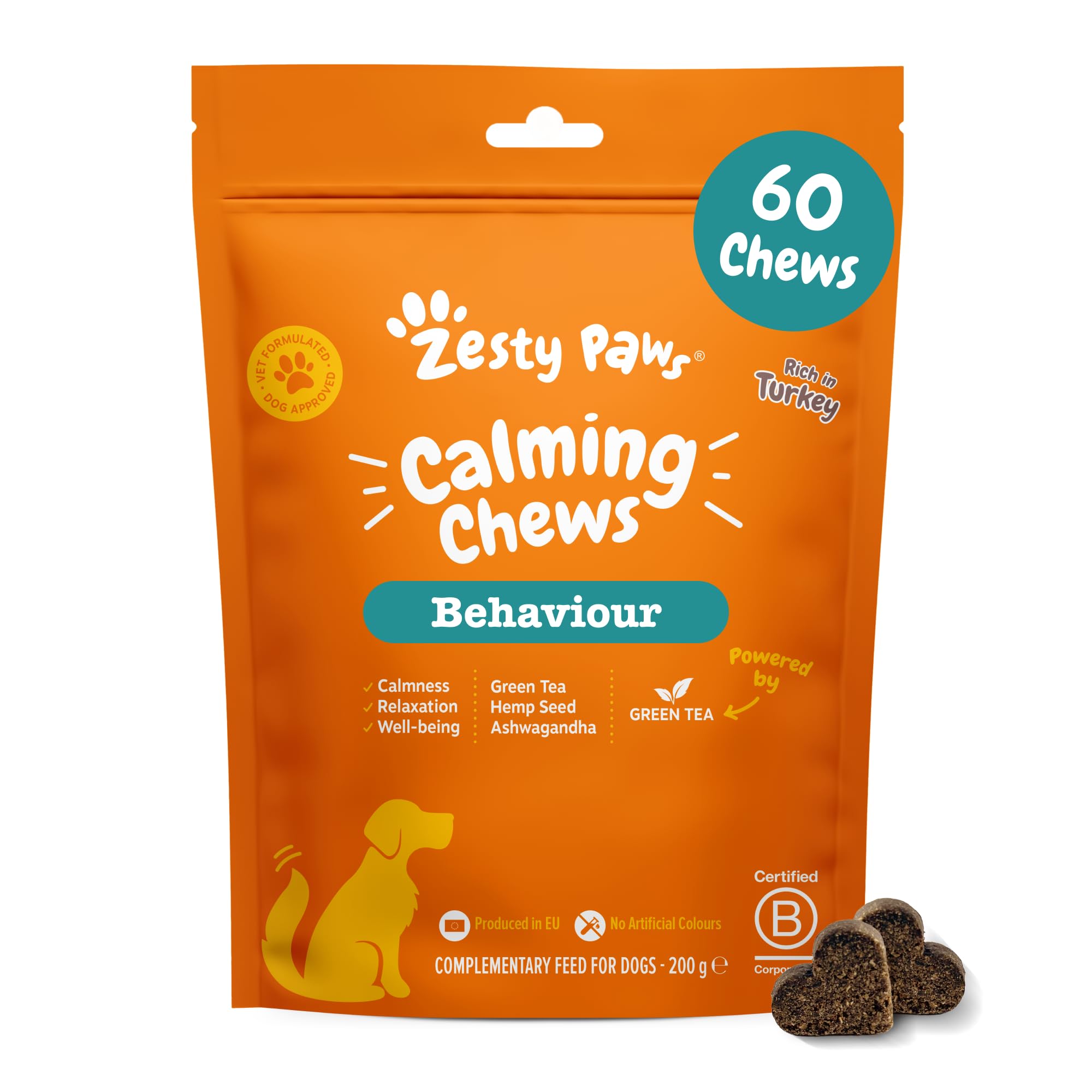 Zesty Paws Calming Treats for Dogs | Helps with Separation Anxiety, Stress & Hyperactivity, Supports Wellbeing & Relaxation | Contains Green Tea, Ashwagandha, L-Tryptophan | Daily Use | 60 Chews