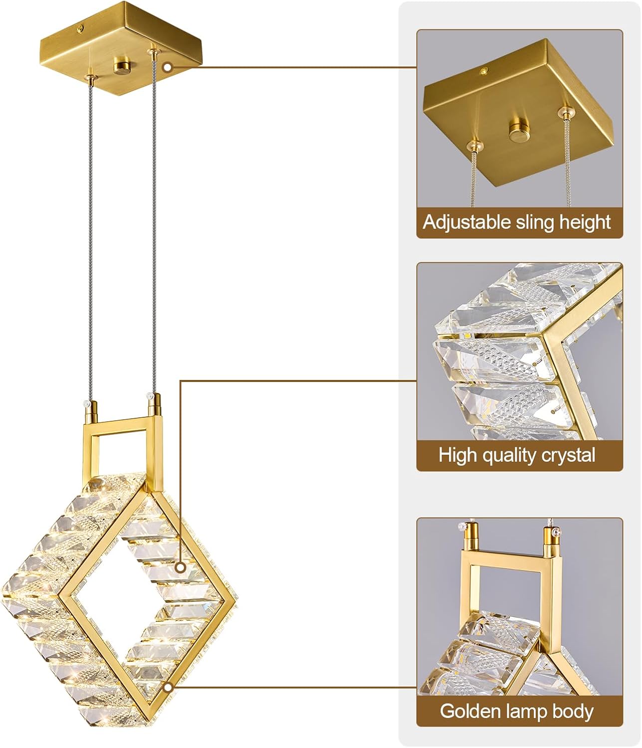 Kitchen Island Mini Light Fixture Modern Led Crystal Pendant Light Gold Square Chandelier for Dining Room Living Room Kitchen Bedroom Bar（1-Pack）…