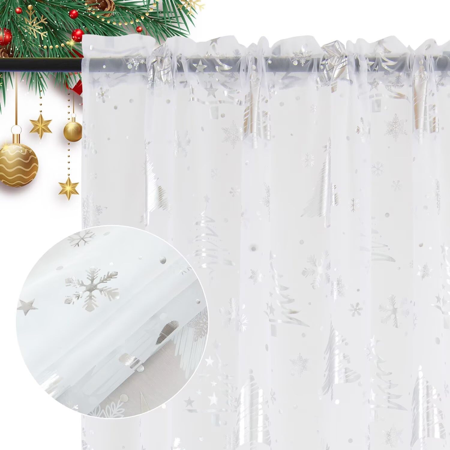 Christmas Sheer Curtains, Snowflake Silver Foil Print Sheer Curtains, Rod Pocket Window Drapes Xmas Decorations for Bedroom Holiday Party, White/Silver 52 x 72 inch