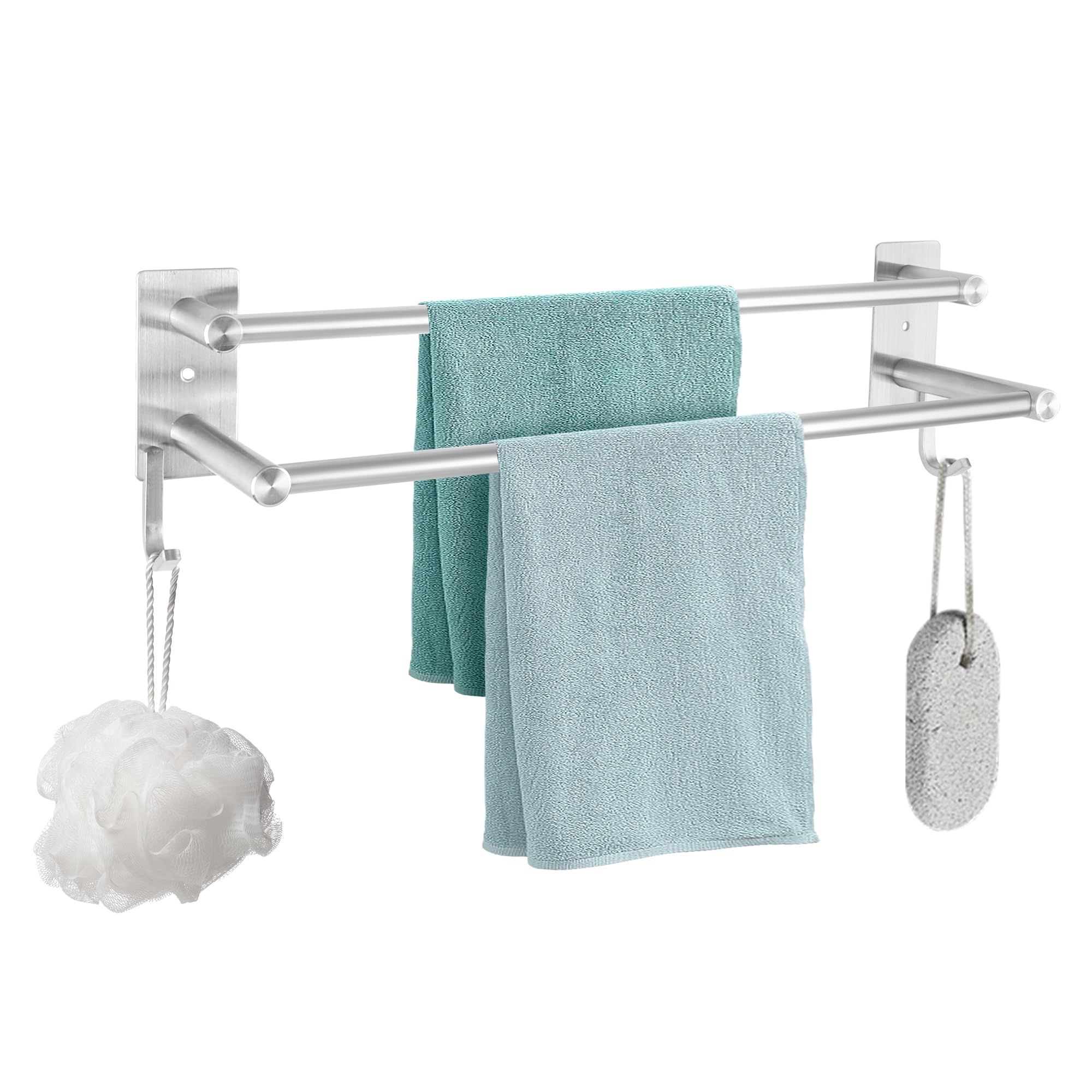 YKUKIZEE 40 cm Double Towel Rail Wall Mounted, 304 Stainless Steel Towel Holder Wall Mounted with Hook, 2 Tier Drill Towel Rack Silver for Bathrooms Bath Toilet Shower Hotel