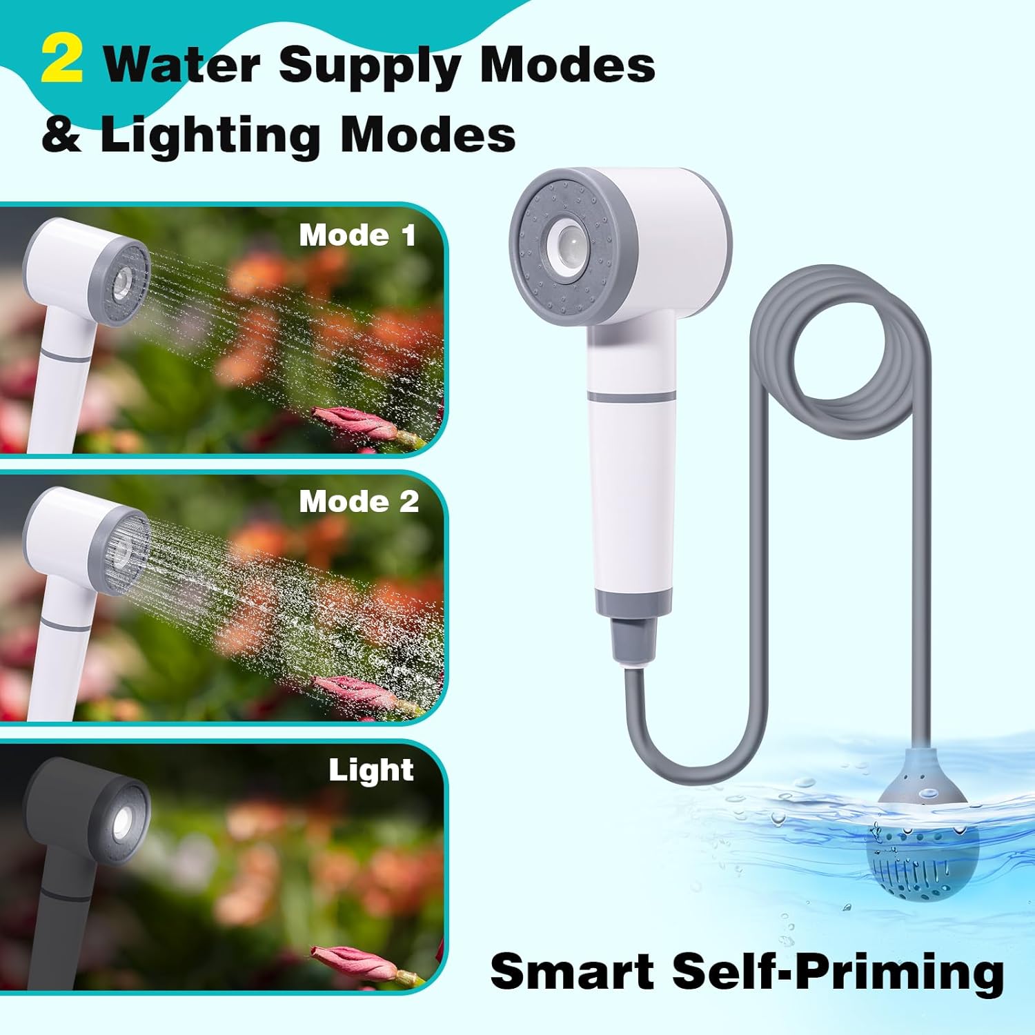 Portable Shower for Camping with Light, All-in-One Portable Camping Shower Pump, Temperature Display, 2 Spray Modes Rechargeable Portable Outdoor Shower Head for Beach, Hiking, RV, Pet Wash
