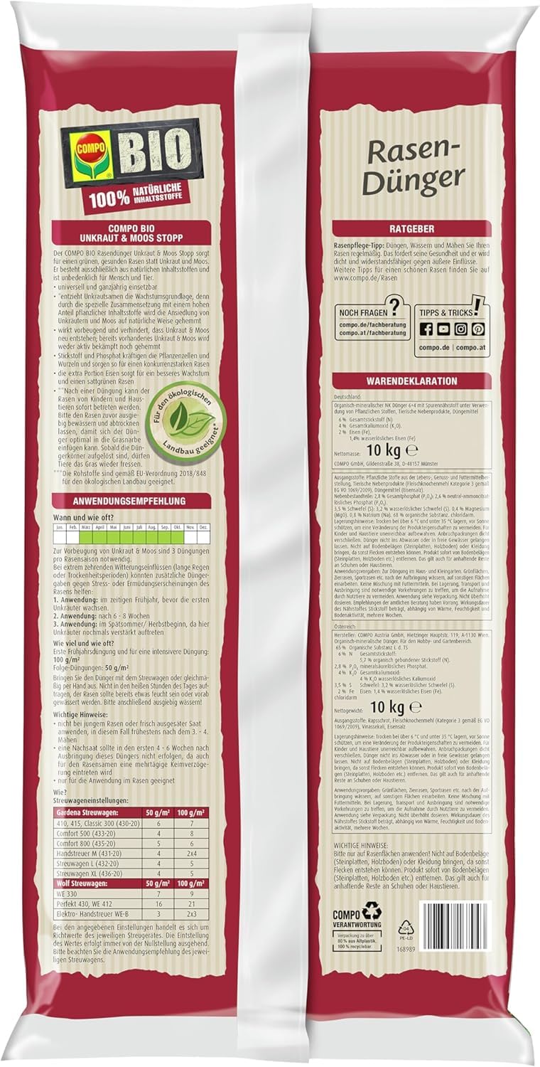 COMPO BIO Rasendünger Unkraut & Moos Stopp - verhindert Ansiedlung von Moos und Unkräutern - 100% natürliche Inhaltsstoffe - 10 kg für 200m²