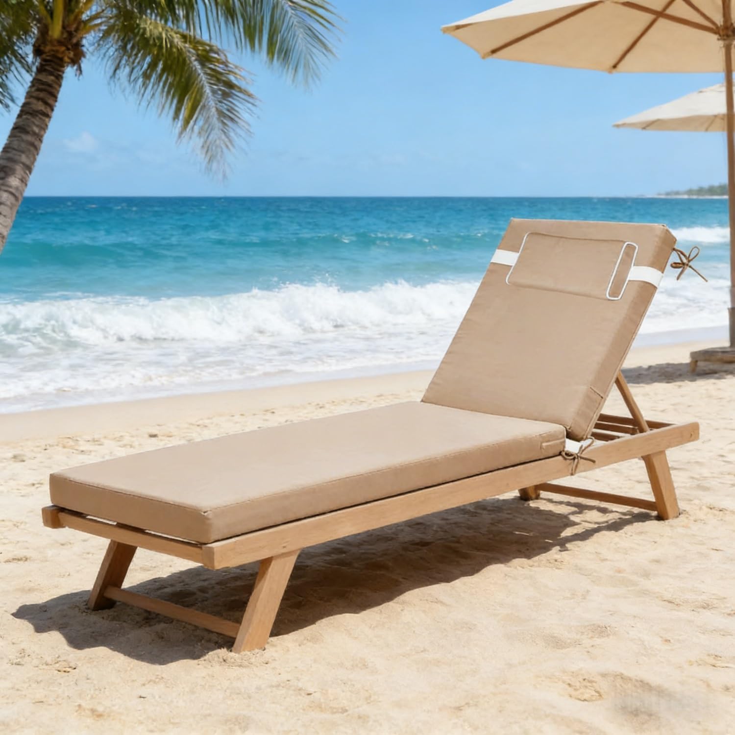 Outdoor Chaise Lounge Cushion with Headrest, 3" Thick 25D High Density Foam Replacement Pad,Waterproof Non-Slip for Lawn Poo(Beige)