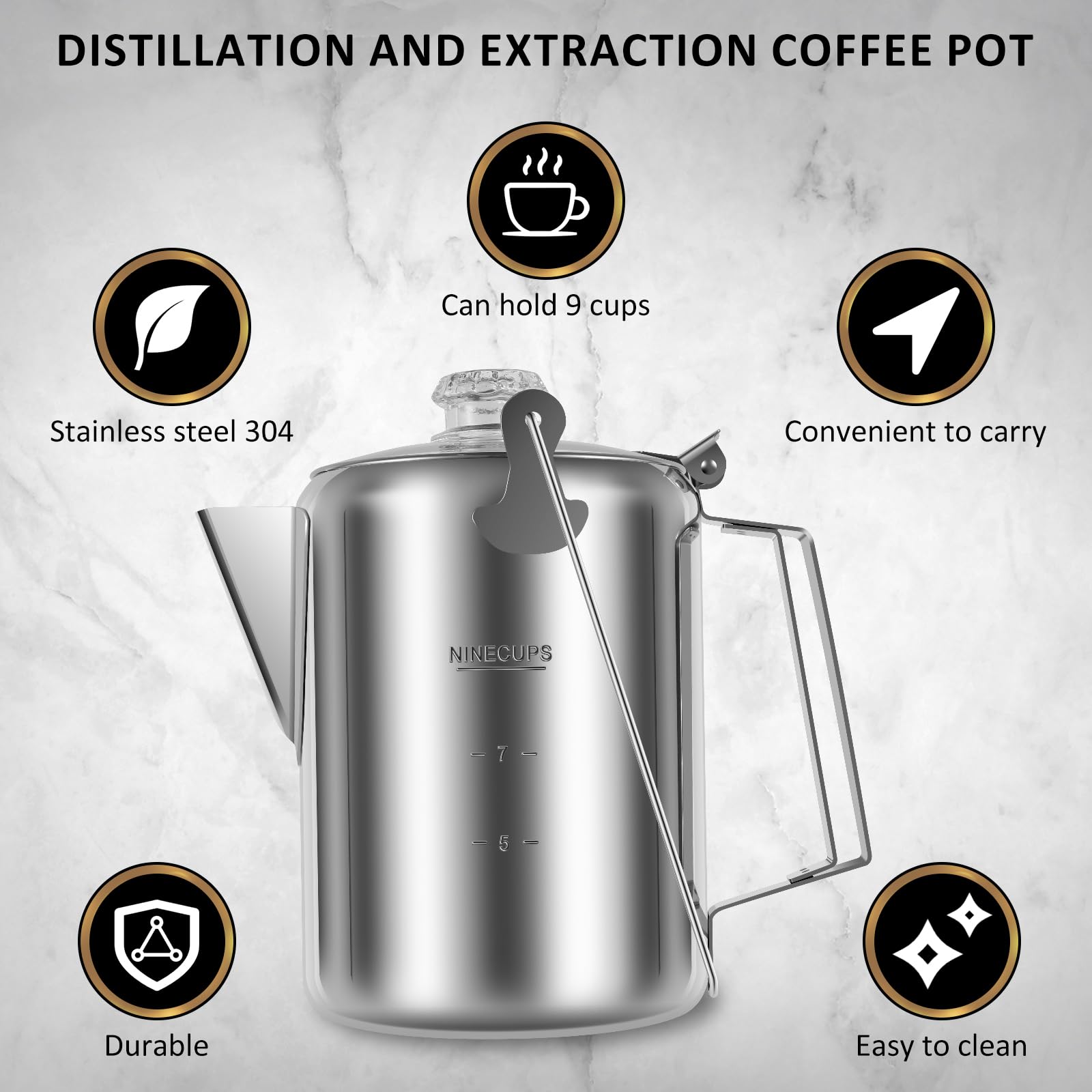 DNAMYJME Percolator Coffee Pot Stainless Steel Camping Coffee Pot Fast Brew Kettle Outdoor Stovetop Coffee Maker 9 Cups Coffee Percolator for Group Camping Hiking Backpacking Travel