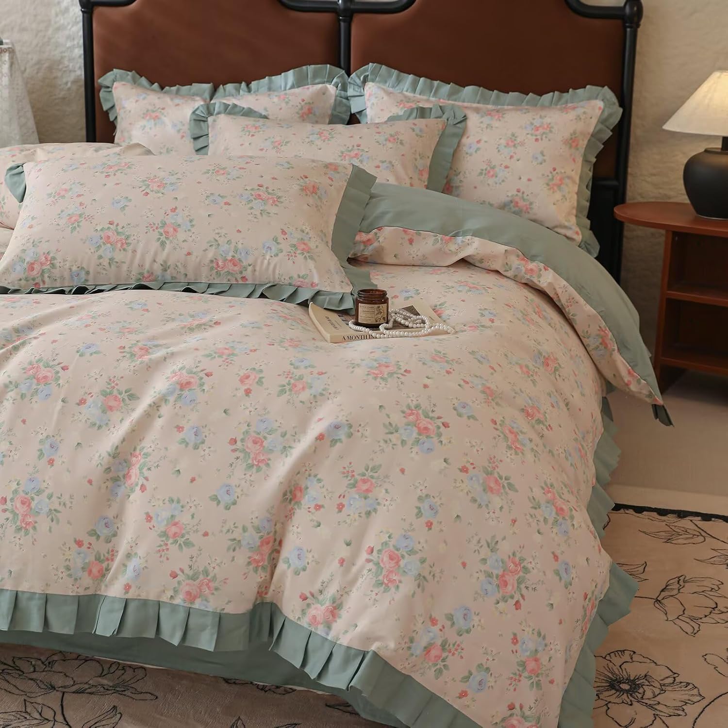 Green Ruffle Duvet Cover Full Chic Garden Style Blooming Bedding Sets Teen Girls,Super Soft Comfy 100% Cotton Quilt Covers,with Zipper Closure & Corner Ties